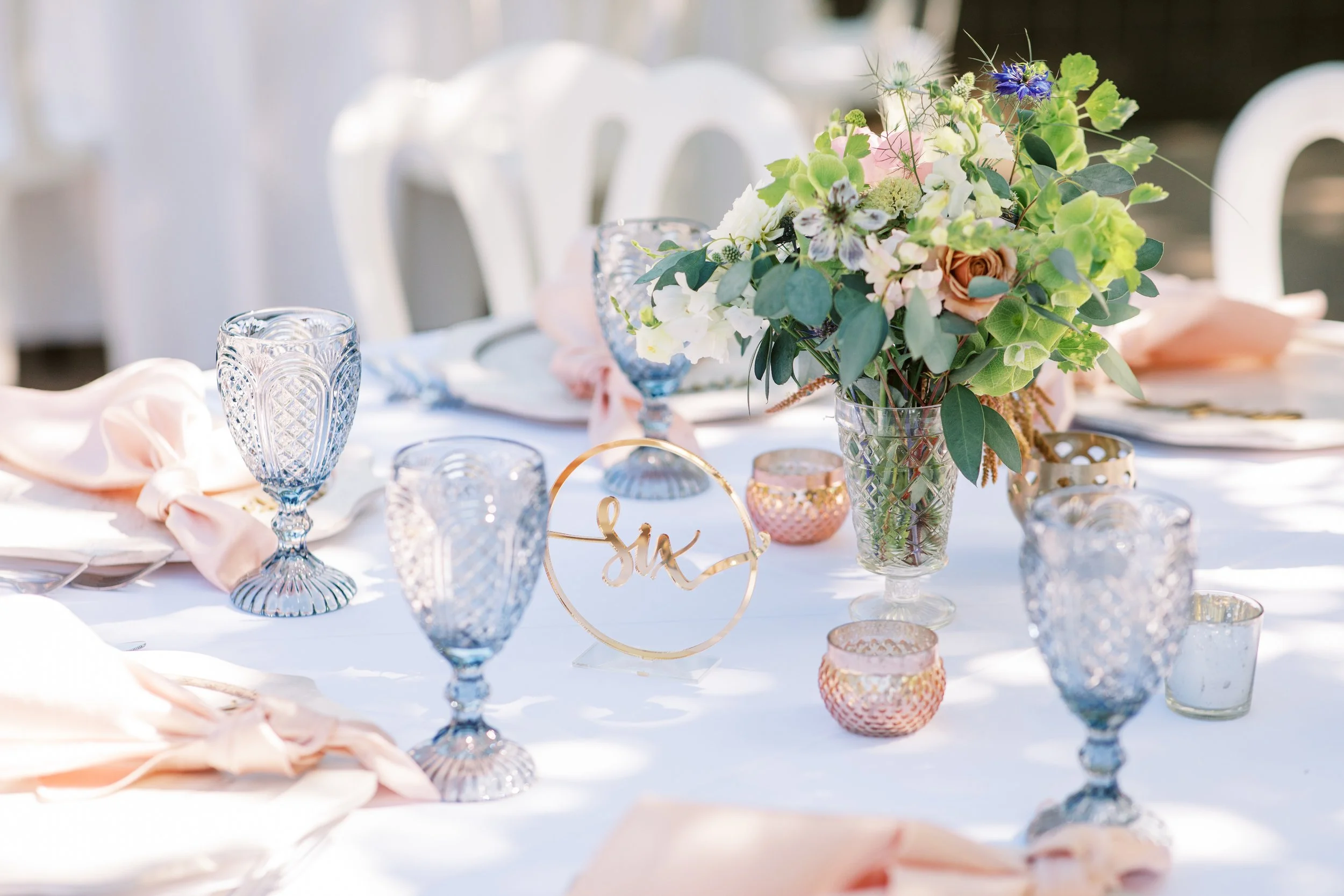 A table setup for a wedding or event with a floral centerpiece, pink napkins, blue glassware, and a gold table number sign.

Photo by McKenna Rachelle Photography
Venue: The Oregon Gardens in Springfield, OR