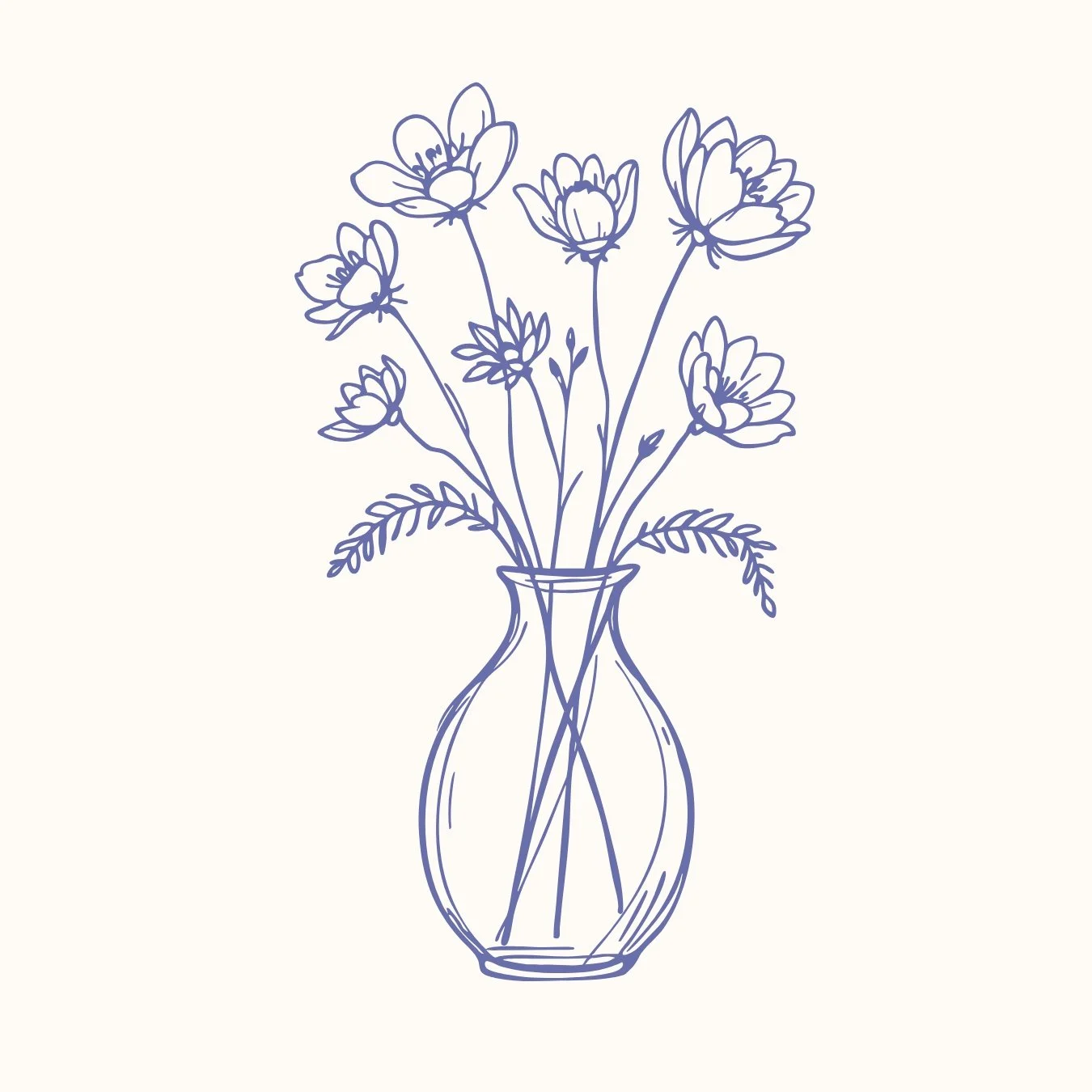 Line drawing of a flower bouquet in a vase with blooming flowers and leaves.