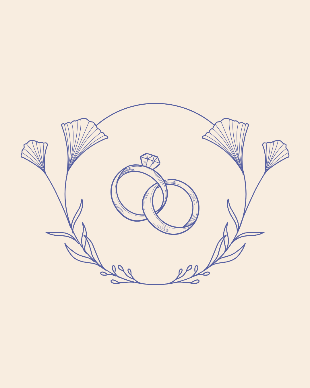A minimalist line drawing of two wedding rings surrounded by a symmetrical floral design with leaves and ginkgo leaves.
