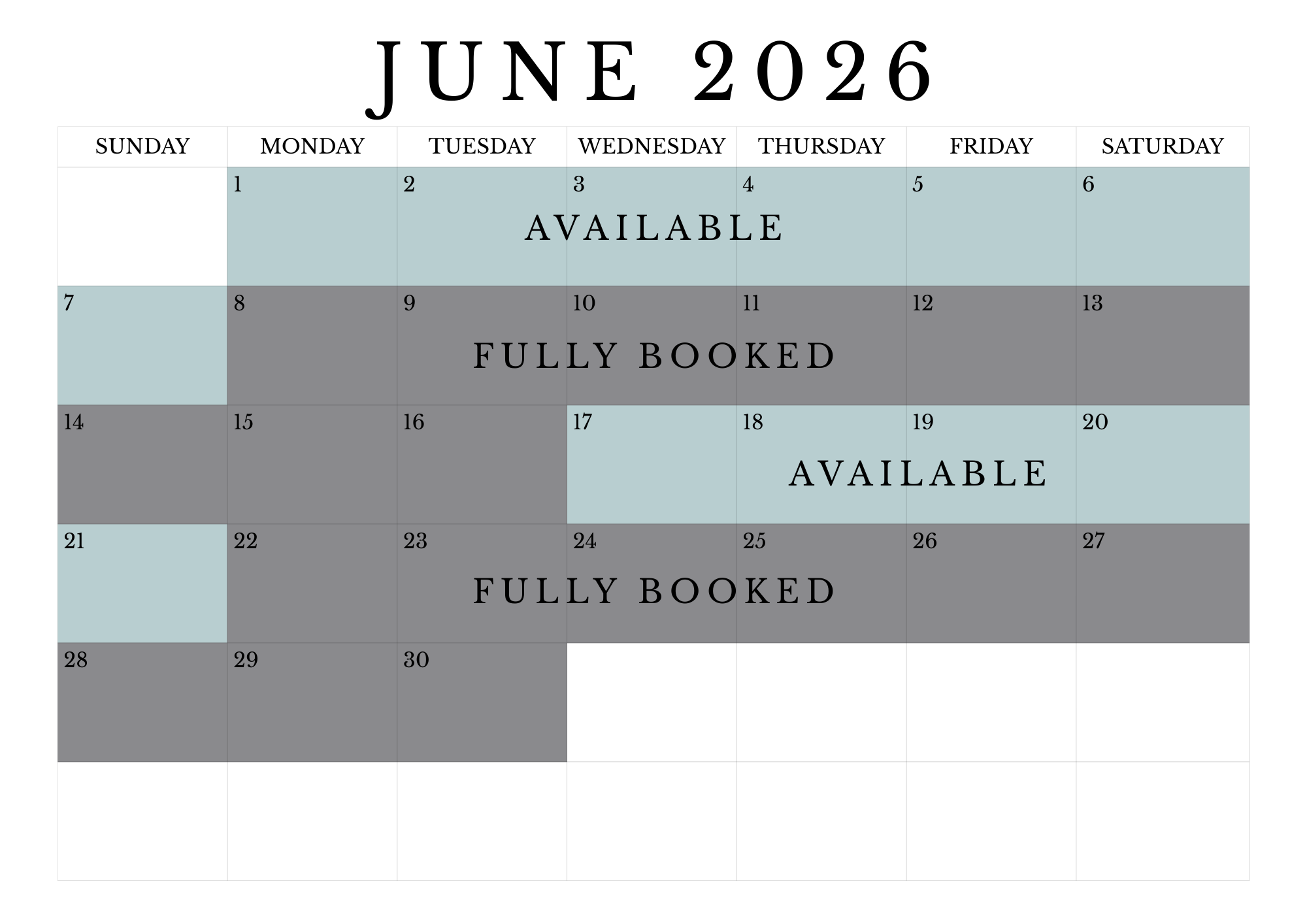 June 2026 calendar with availability status: available from June 1 to 4, June 17 to 20, and June 19 to 20; fully booked from June 8 to 13, June 22 to 27, and June 29 to 30.