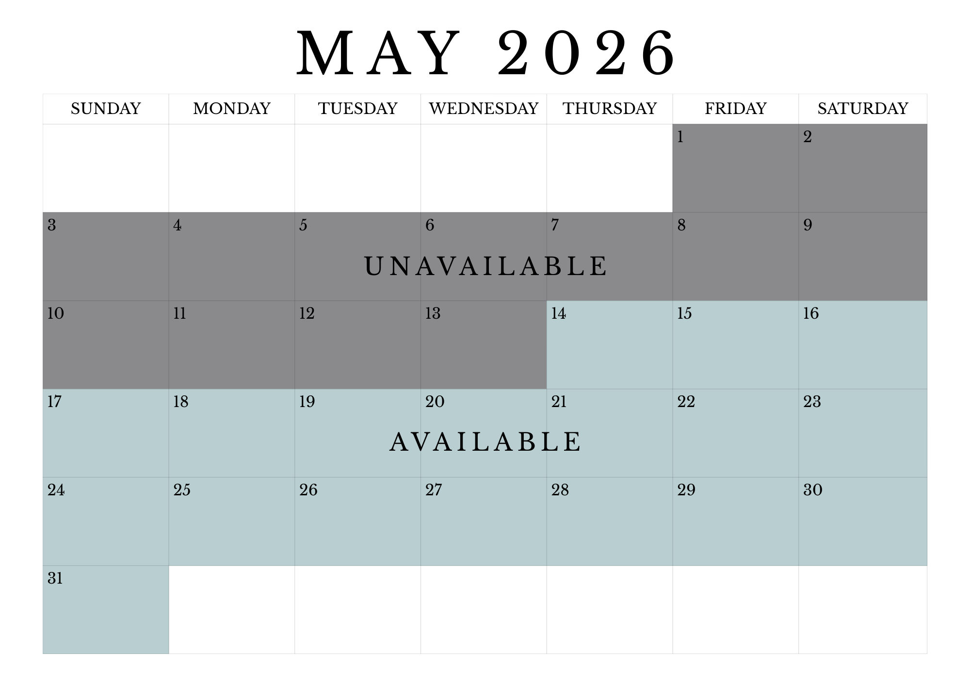 May 2026 calendar with specific days marked as unavailable on the 3rd through 13th, and available from the 17th to the 31st.