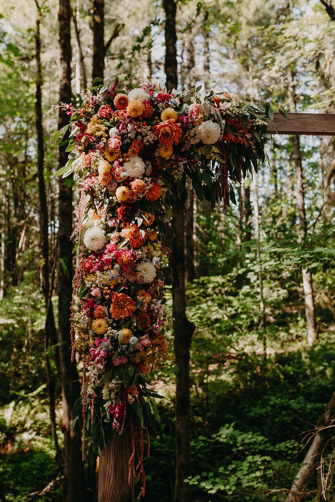 A colorful floral arrangement on a wooden arch in a forest setting for a wedding or event decor.

Photo by Olivia Louise Photography
Venue: Camp Cedarbrook in Vernonia, OR
