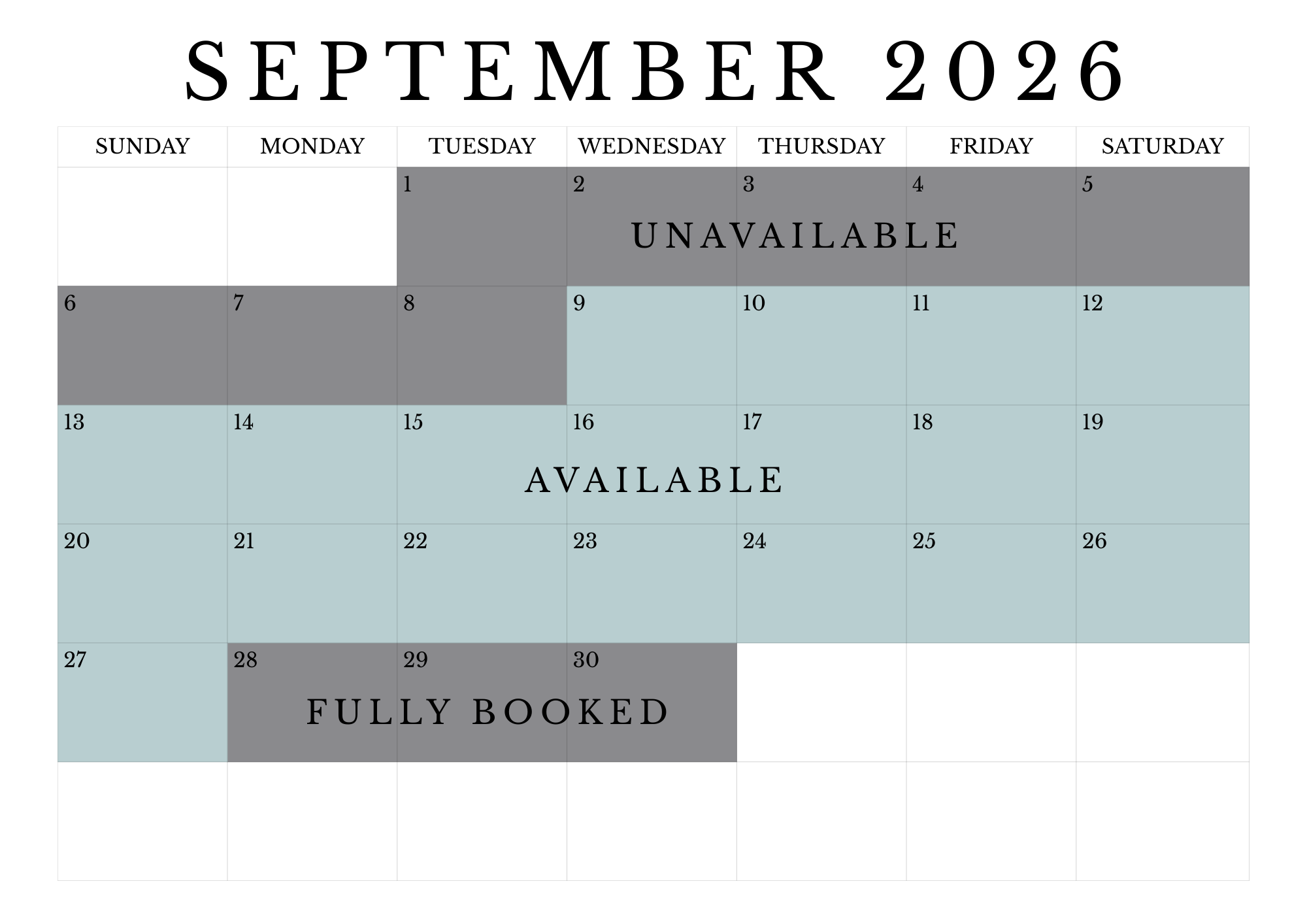 September 2026 calendar showing unavailable days on September 3-5, available days on September 9-19 and 23-27, and fully booked on September 28-30.