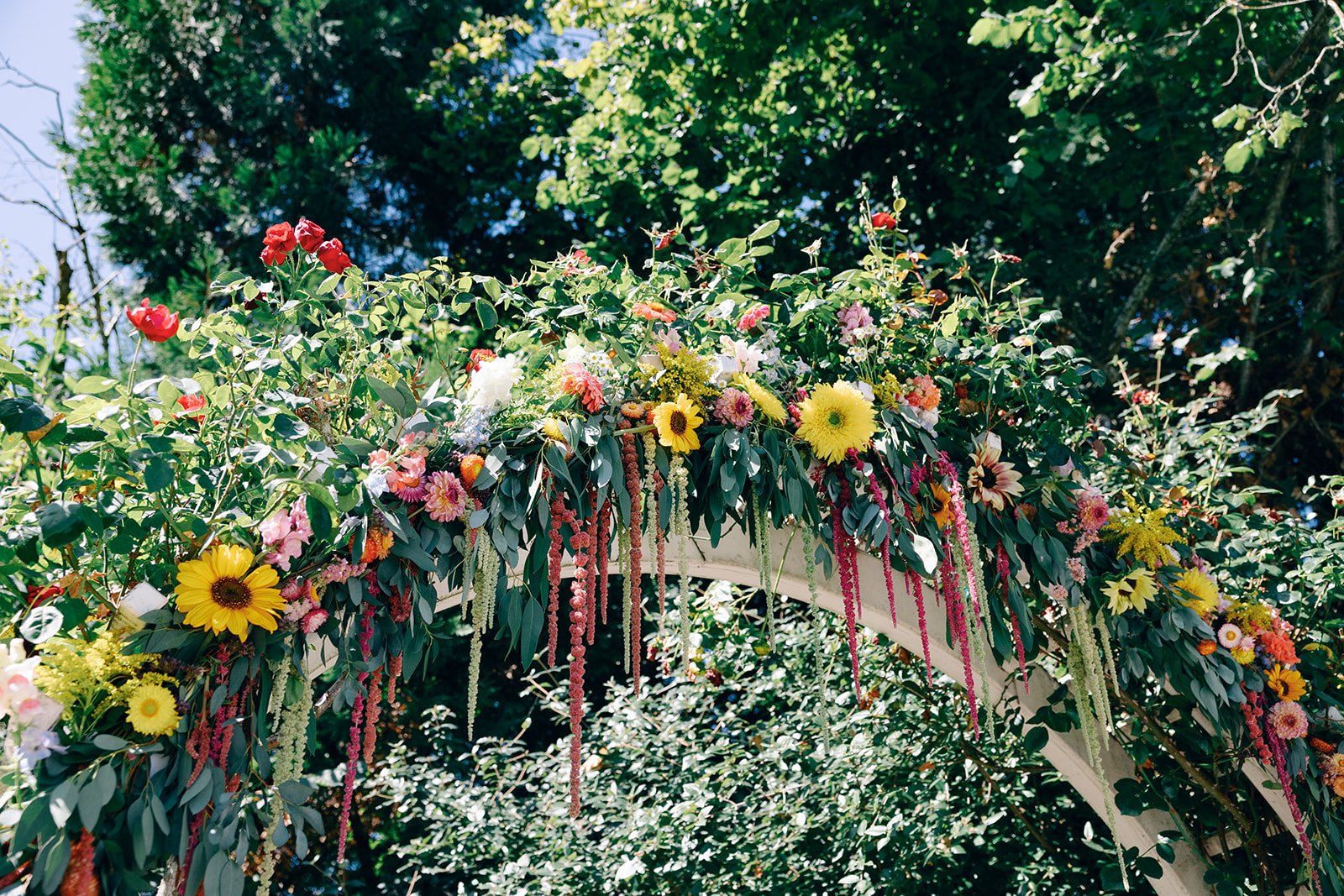 Floral arch decorated with yellow, pink, red, and white flowers and greenery, set outdoors against trees.