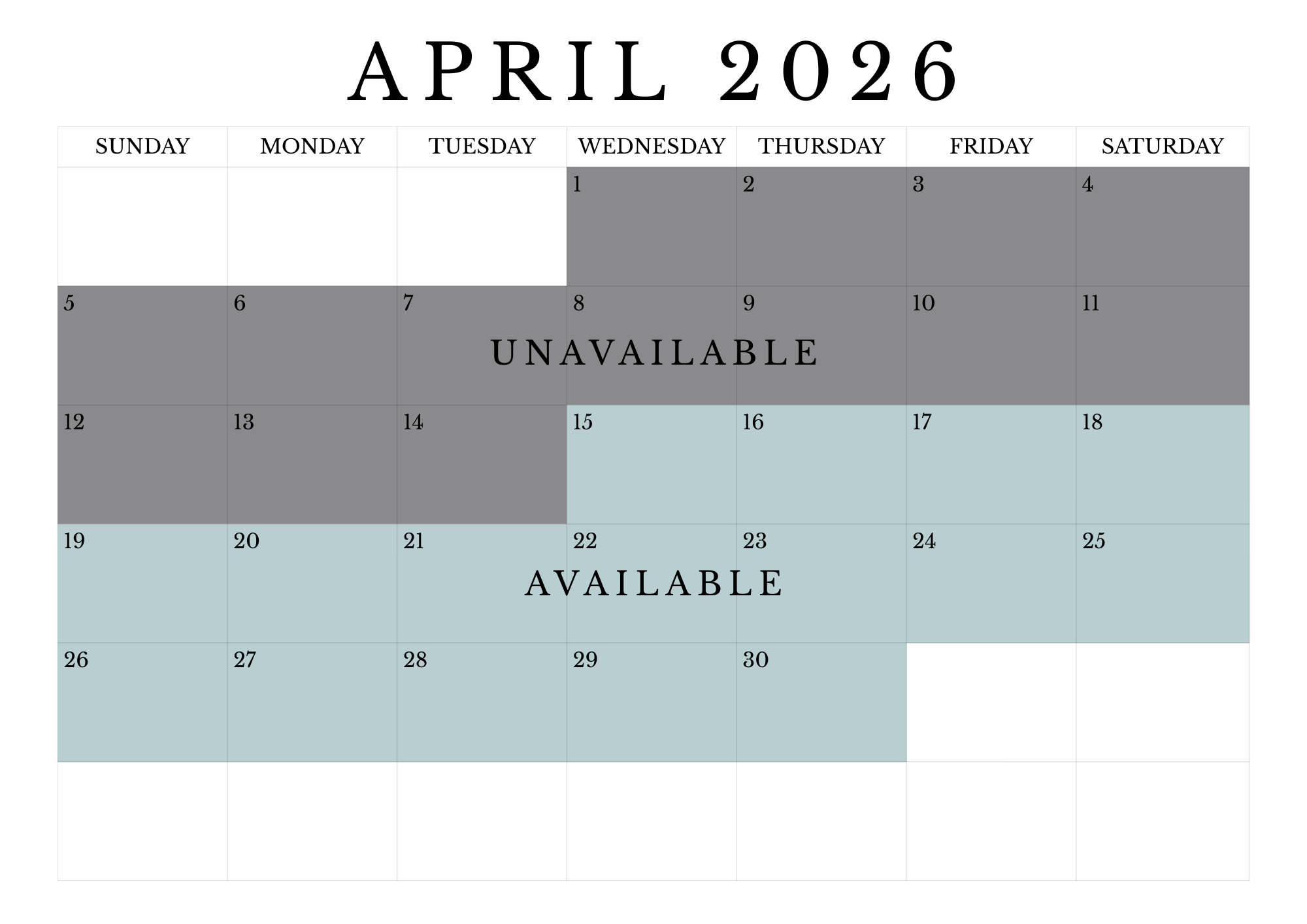 April 2026 calendar with marked unavailable days from April 5 to April 14 and available days from April 19 to April 30.