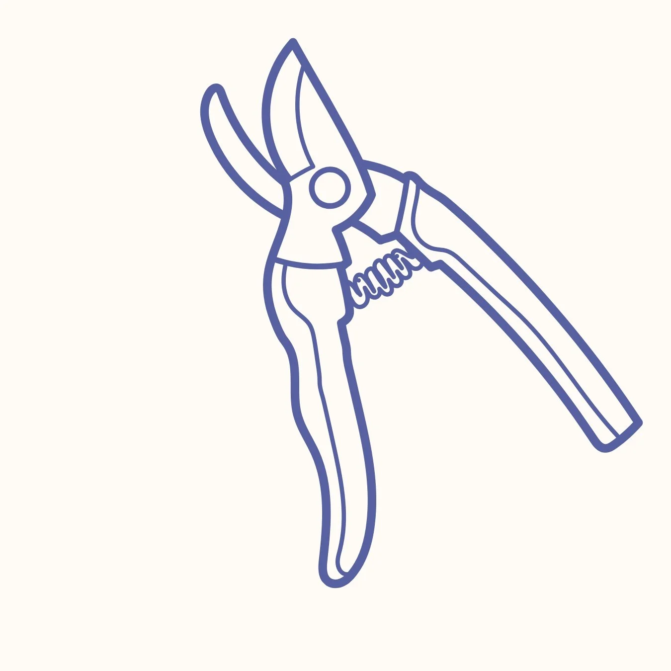 Outline drawing of pruning shears with orange handles and blades.