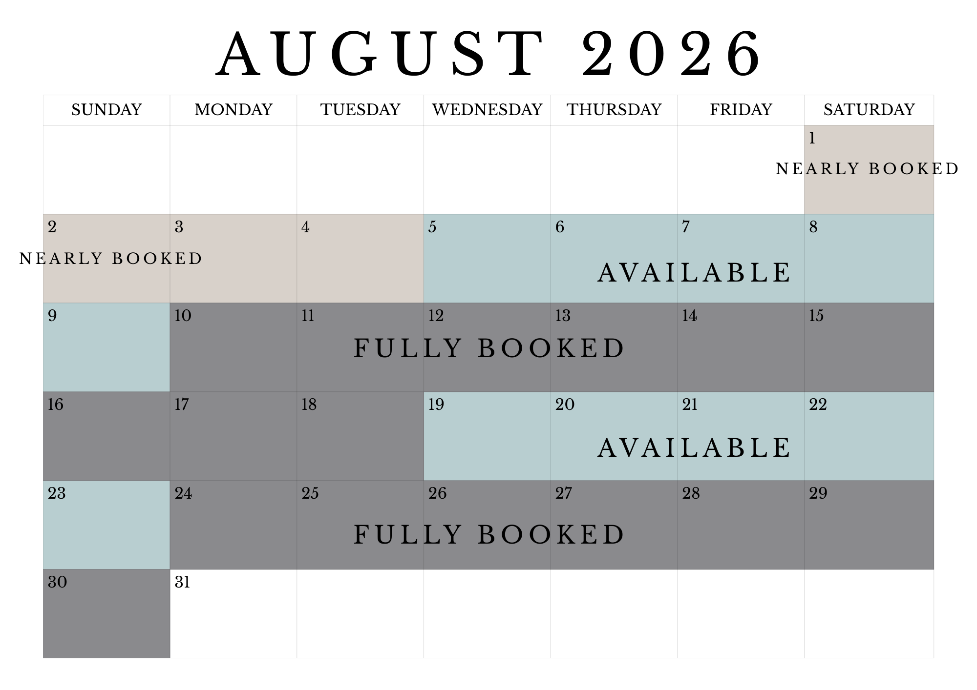 August 2026 calendar with color-coded availability and booking status. Dates marked as 'Nearly Booked,' 'Fully Booked,' and 'Available.'