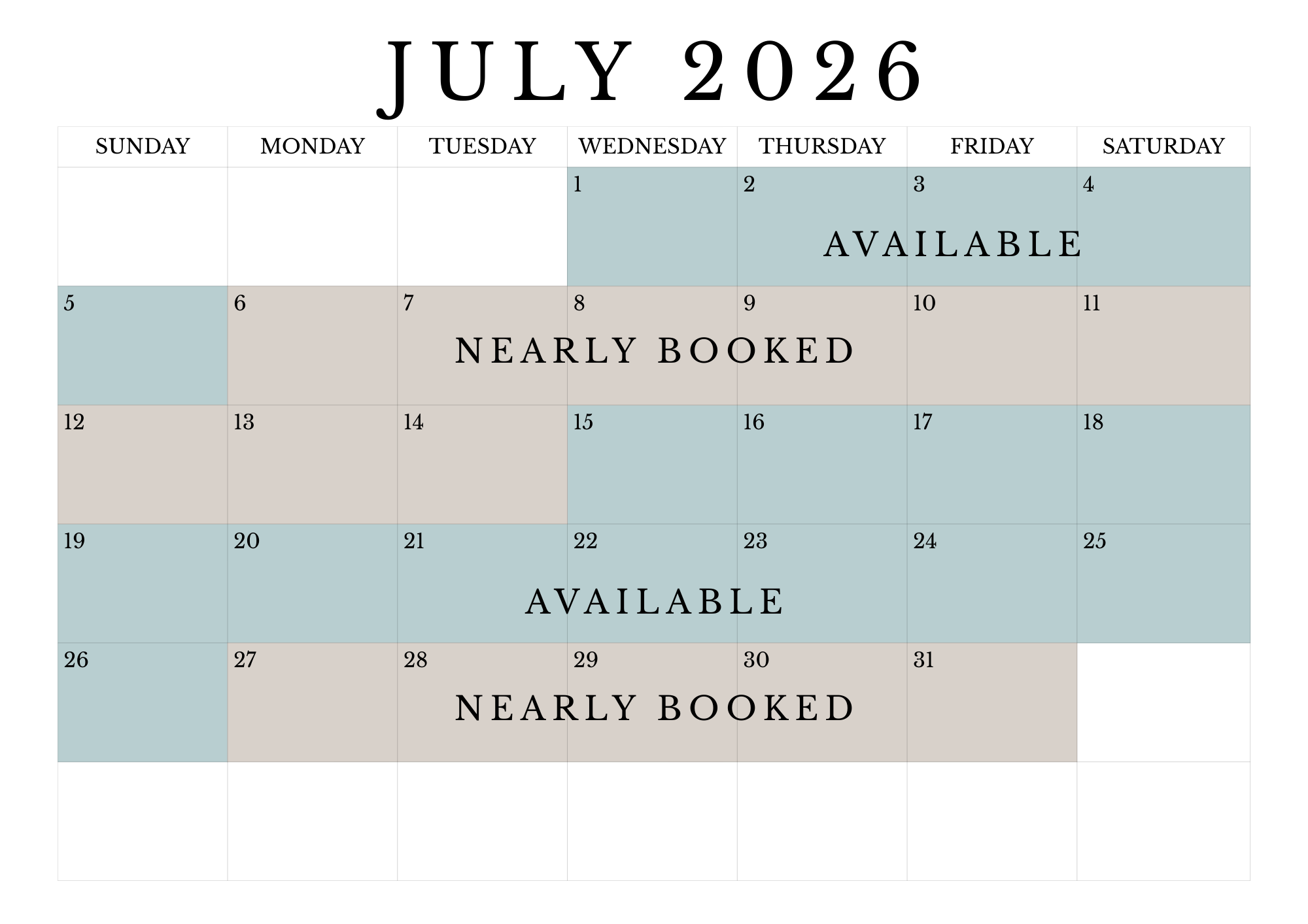 July 2026 calendar with availability status for each week