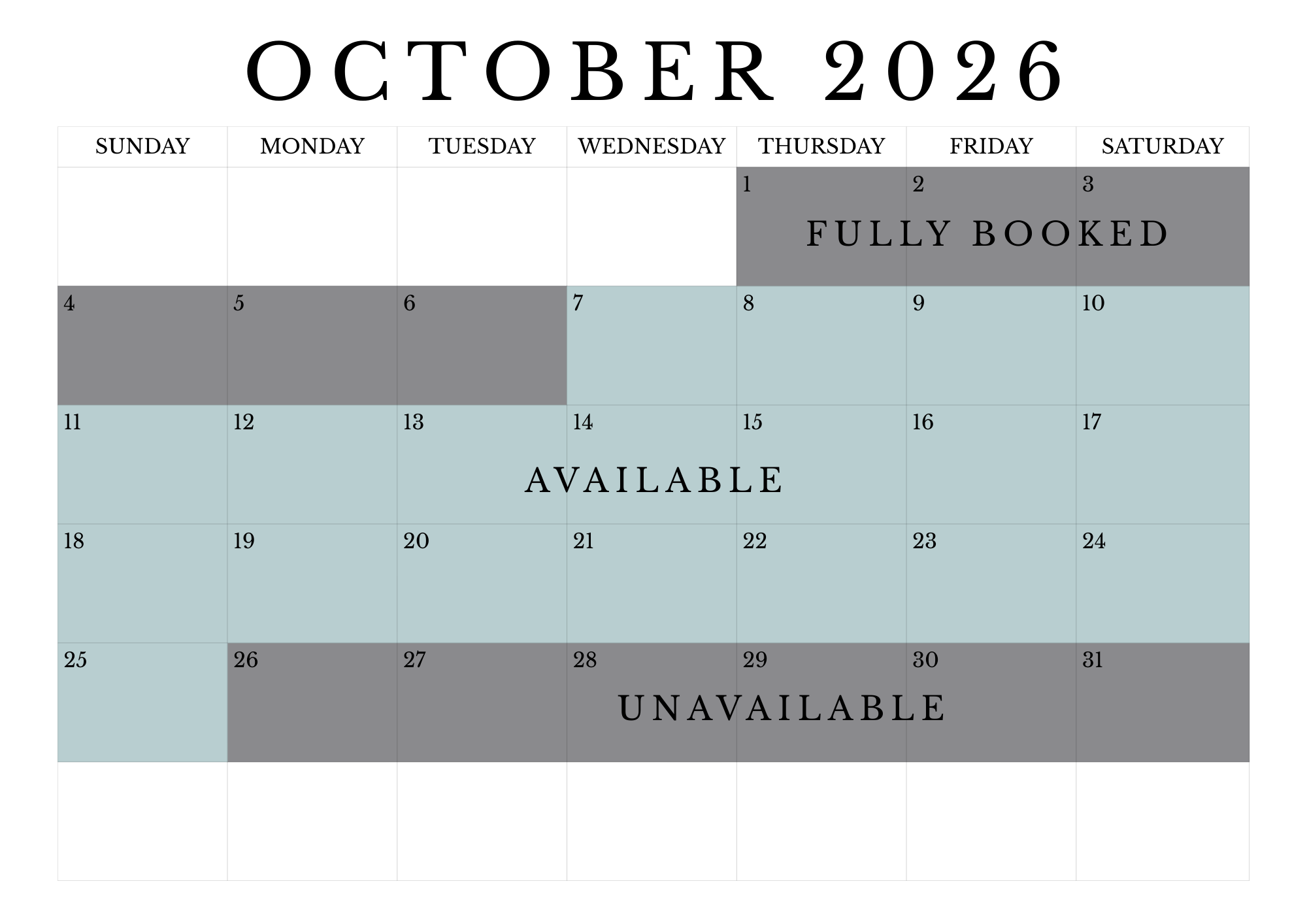 October 2026 calendar showing full booking on October 1-3, available from October 7-17, and unavailable from October 26-30.