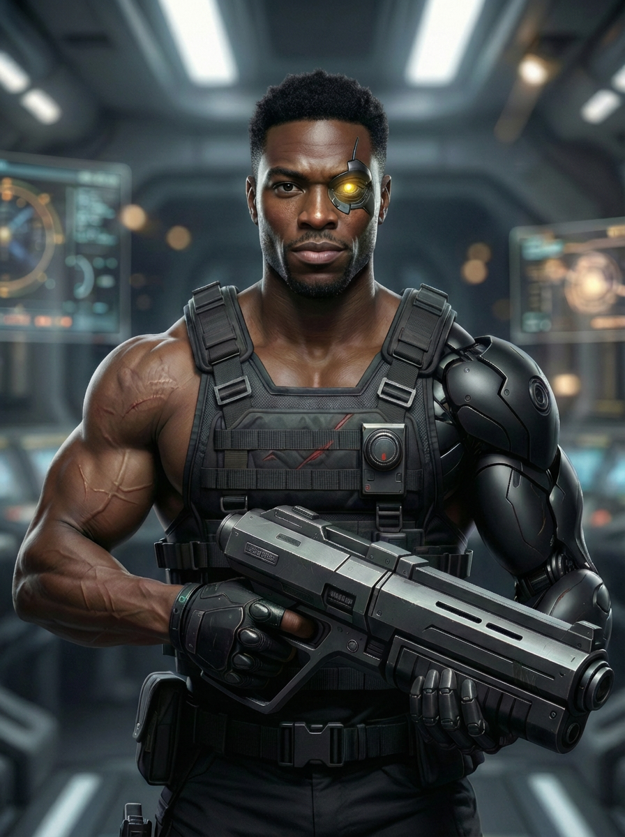 (Zane) A muscular Cyborg man in futuristic tactical gear, holding a large gun, with a cybernetic eye, in a sci-fi control room.
