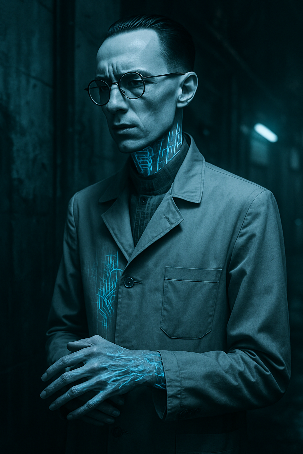 (Kael) A futuristic Android man with glasses, short slicked-back hair, and cybernetic tattoos on his neck and hands, standing in a dimly lit alleyway.