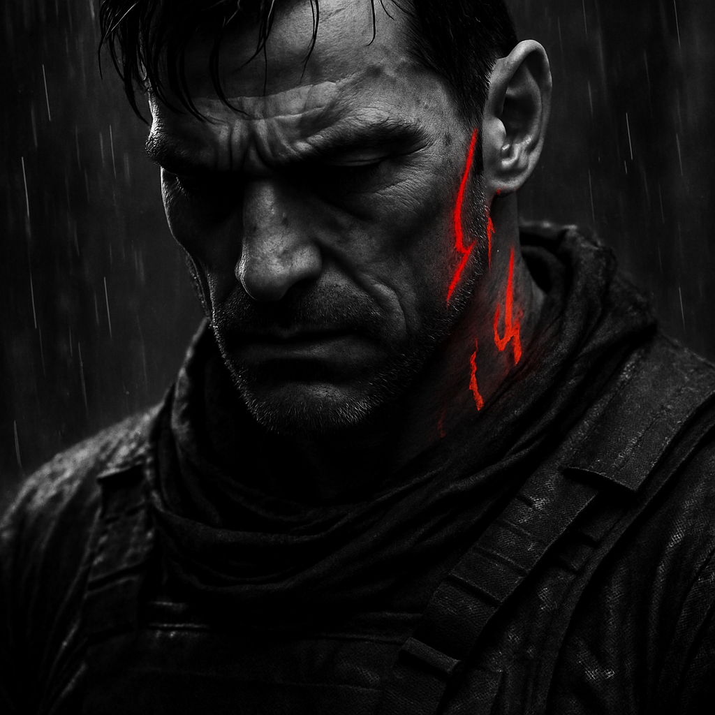 (Jax) A close-up black and white image of a man with a serious expression, rain falling, and glowing red lightning-like scarring on his face and neck.