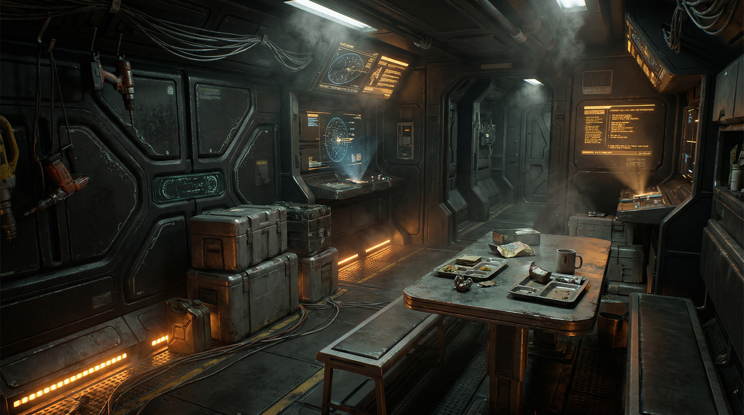 A futuristic spaceship interior of the Second Chance with a worn table, scattered food containers, a mug, and a bench. The walls have various panels, monitors, and tools, with some exposed wiring and steam or smoke.