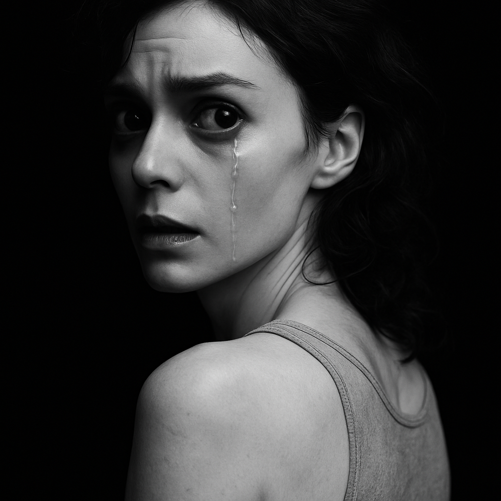 (Lyra) A black and white photo of a woman with dark wavy hair, a distressed expression, and a tear running down her face, looking over her shoulder with a dark background.