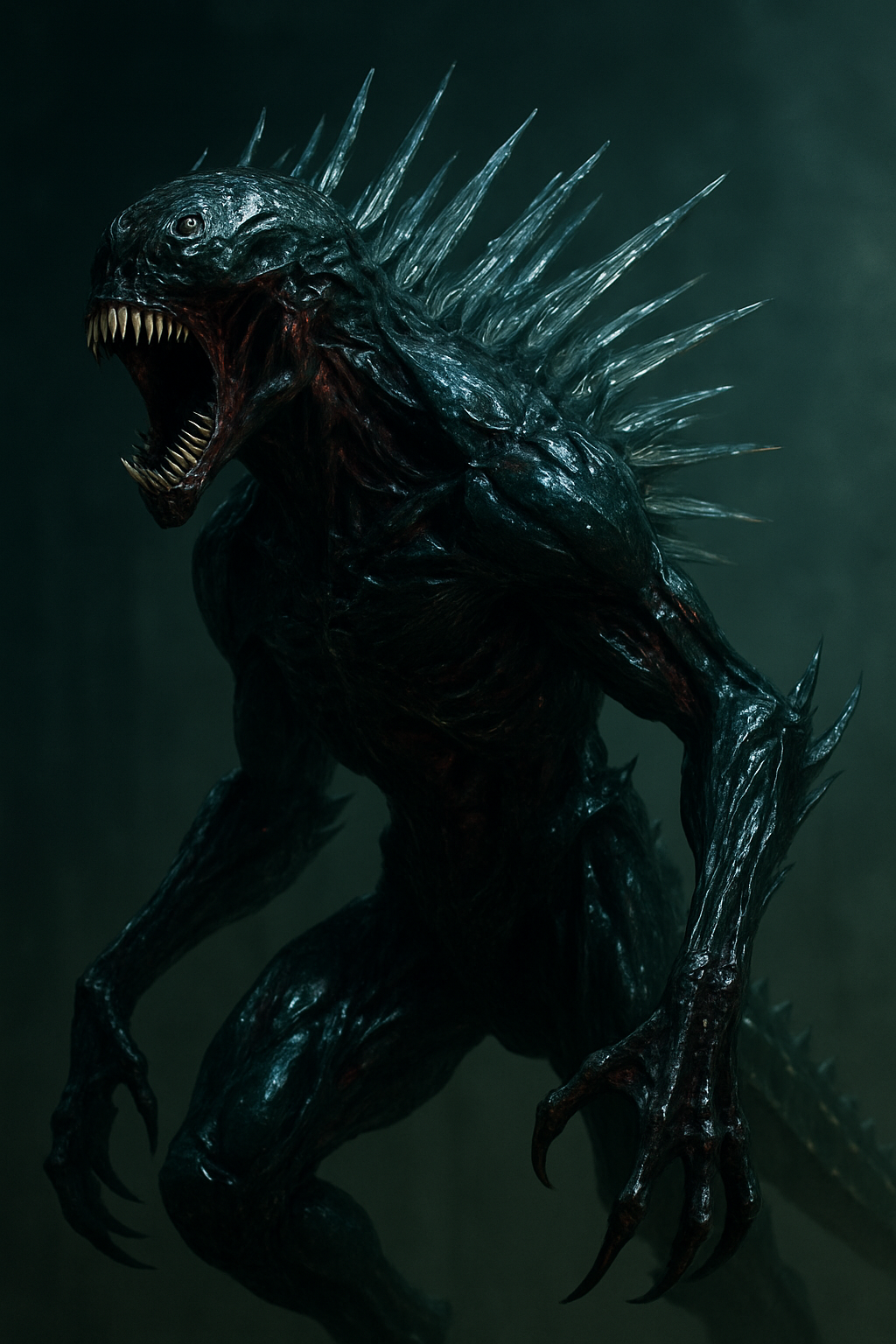 (Thresher) A dark, menacing creature with sharp teeth, spikes on its back, and clawed hands, resembling a monster alien.