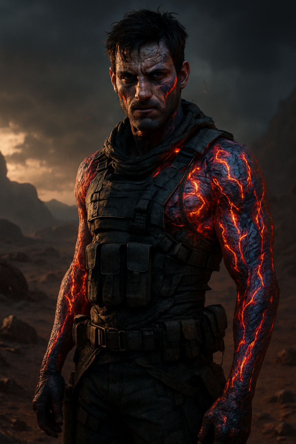 (Jax) A man with dark hair, intense expression, and glowing red and orange scarring on his arms and shoulder, wearing tactical gear, standing in a dark, rocky landscape with stormy clouds in the background.