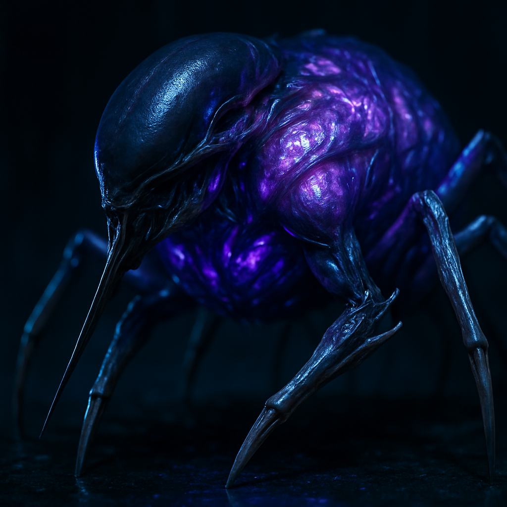 A close-up of a detailed, Skalic parasite with glowing purple and blue shades on its body and legs, set against a dark background.