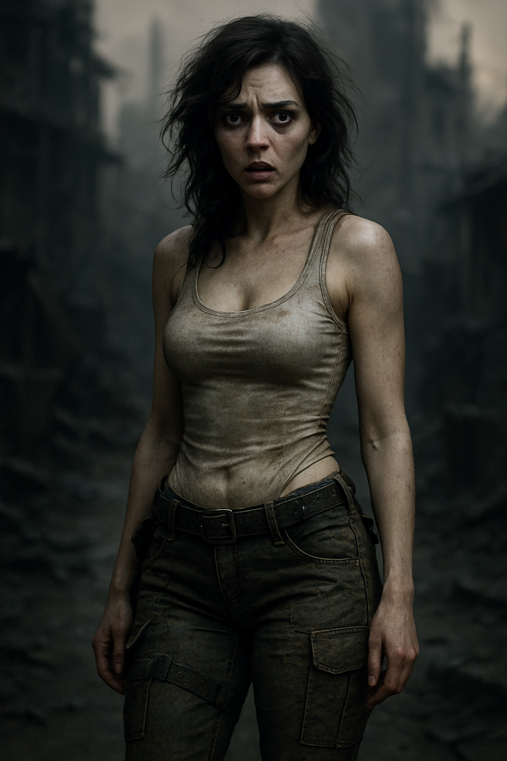 (Lyra) A woman with messy, dark hair and dirt-streaked face and arms, wearing a dirty beige tank top and cargo pants, standing in a war-torn or destruction scene with smoke and debris in the background.