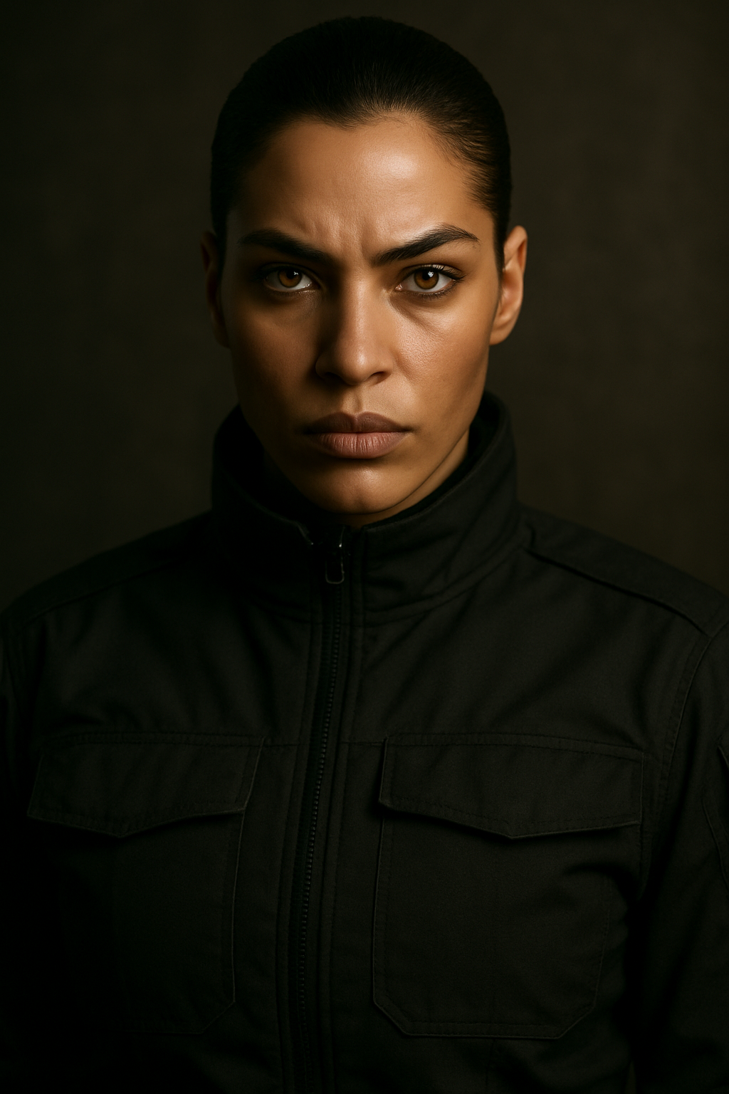 (Elara) Close-up of a woman with intense expression, dark hair pulled back, wearing a black jacket against a dark background.
