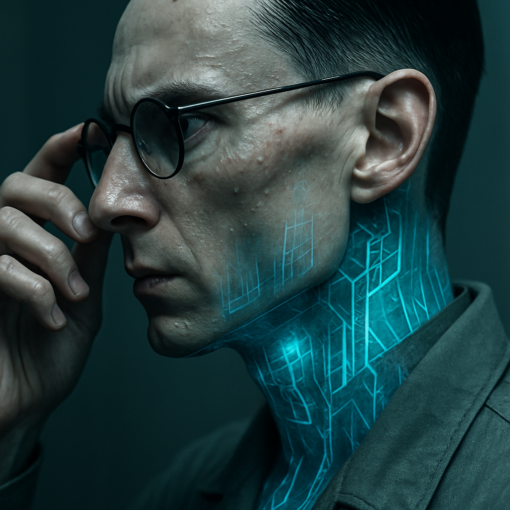 (Kael) Close-up of a person with short hair, glasses, and electronic circuit-like blue hologram patterns on their face and neck, suggesting a futuristic or cybernetic theme.