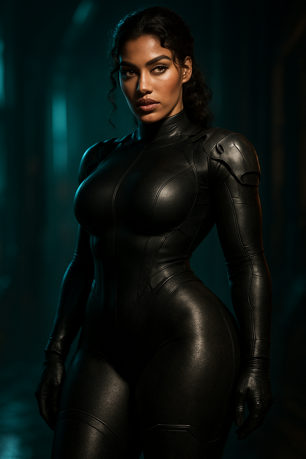 (Elara) A woman with dark hair and a confident expression is wearing a black, form-fitting, futuristic leather or latex suit with armor-like shoulder details, standing in a dimly lit environment with teal lighting.