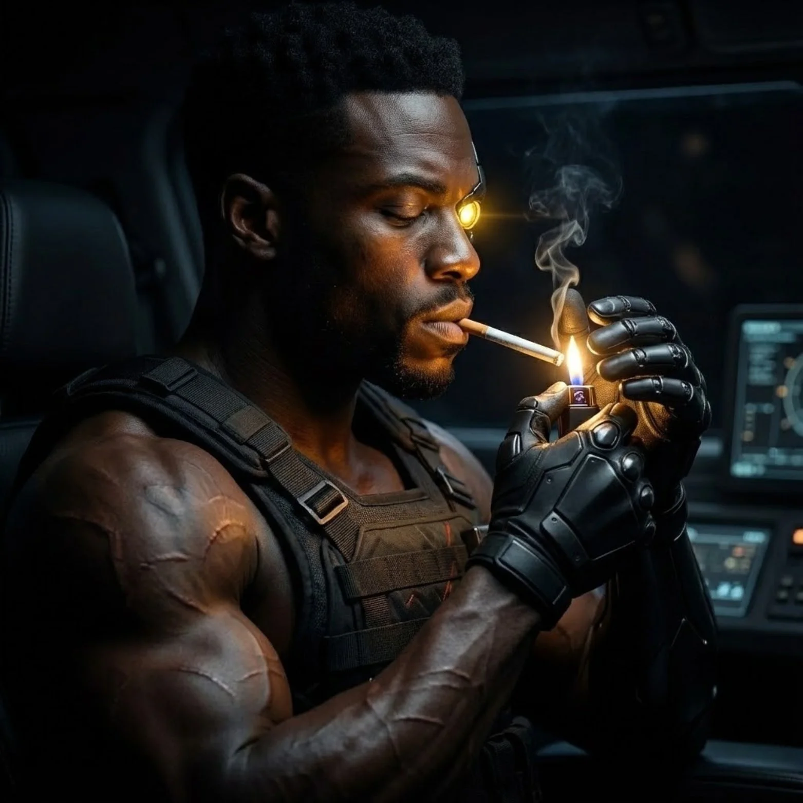 (Zane) A muscular cyborg man in tactical gear with a glowing eye is lighting a cigarette inside a high-tech vehicle, with computer screens visible in the background.