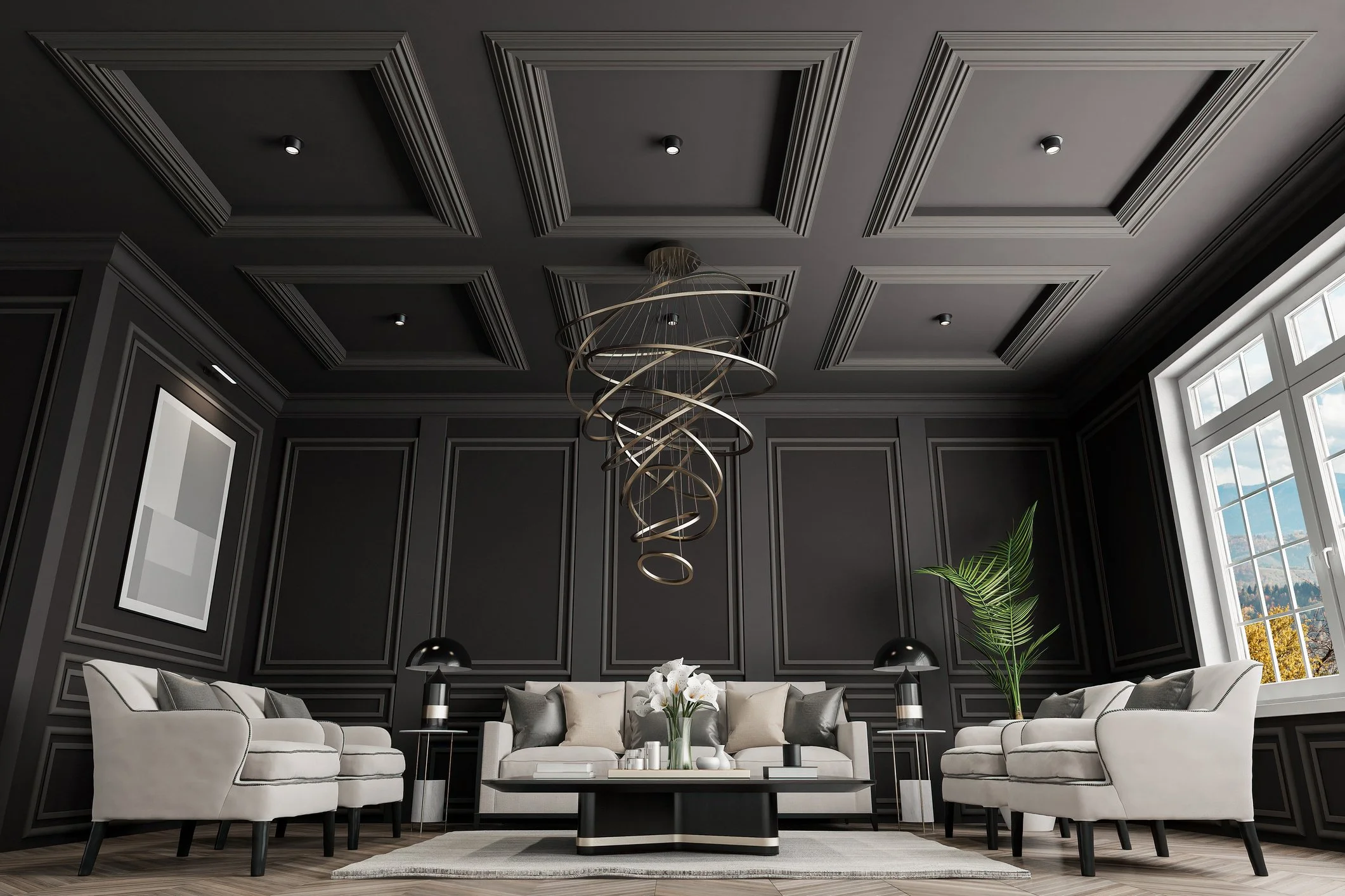 Modern living room with black paneled walls, white sofas, a black coffee table with decorative items, side tables with black and white lamps, large window with a view of mountains and trees, and a contemporary spiral chandelier hanging from the ceiling.