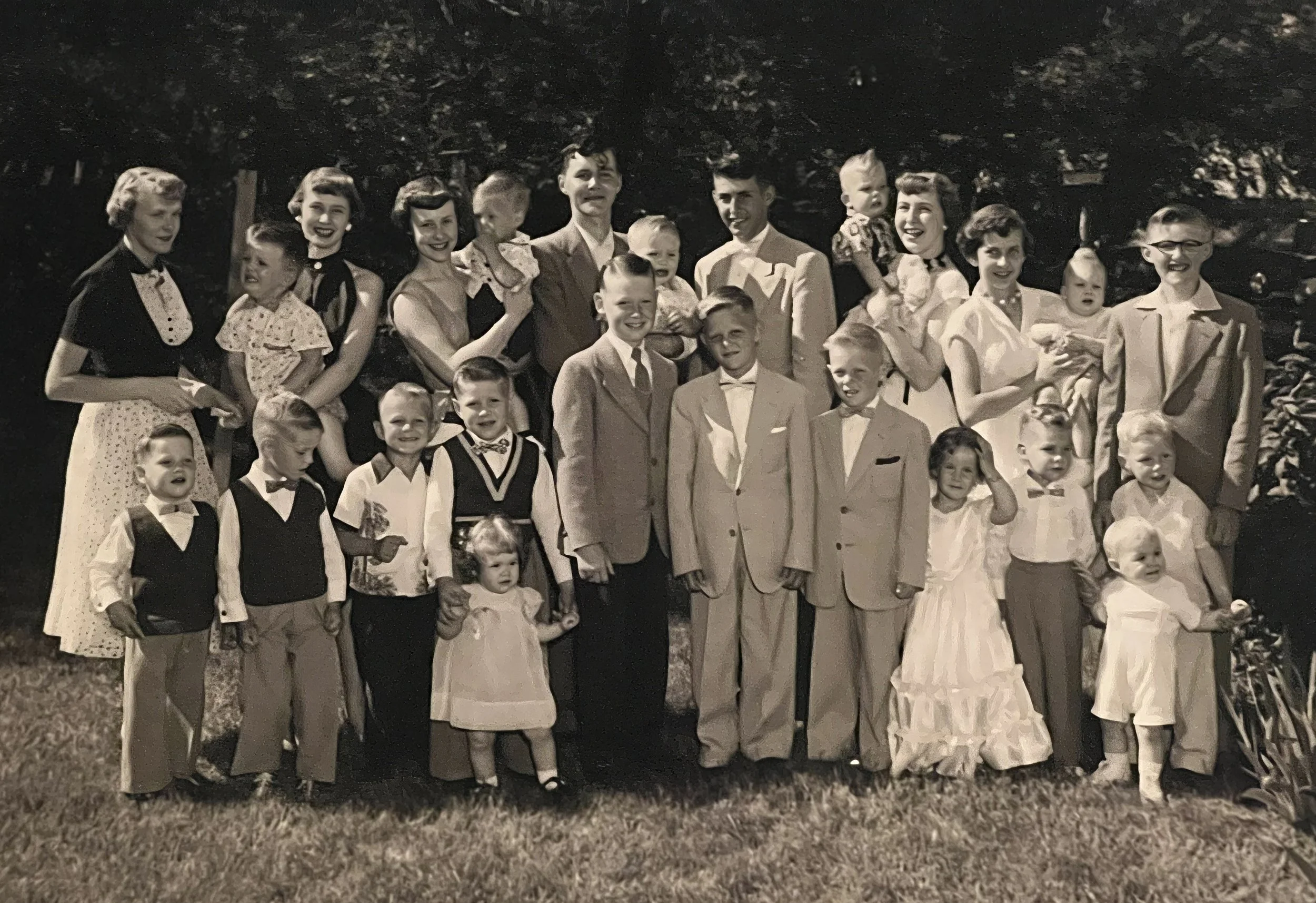 1954 - J.G. & Hosa Hall 50th anniversary - 1st cousin - Front: Greg Hall, JoeAnn Johnson,  Harvey Helgason, Wayne Helgason, Nick Hall, Stuart Helgason, Sherry Helgason, John Johnson, Monty Bolstad, Orin Bolstad, Jacqui Page, Randy Page, Warren Hall, 