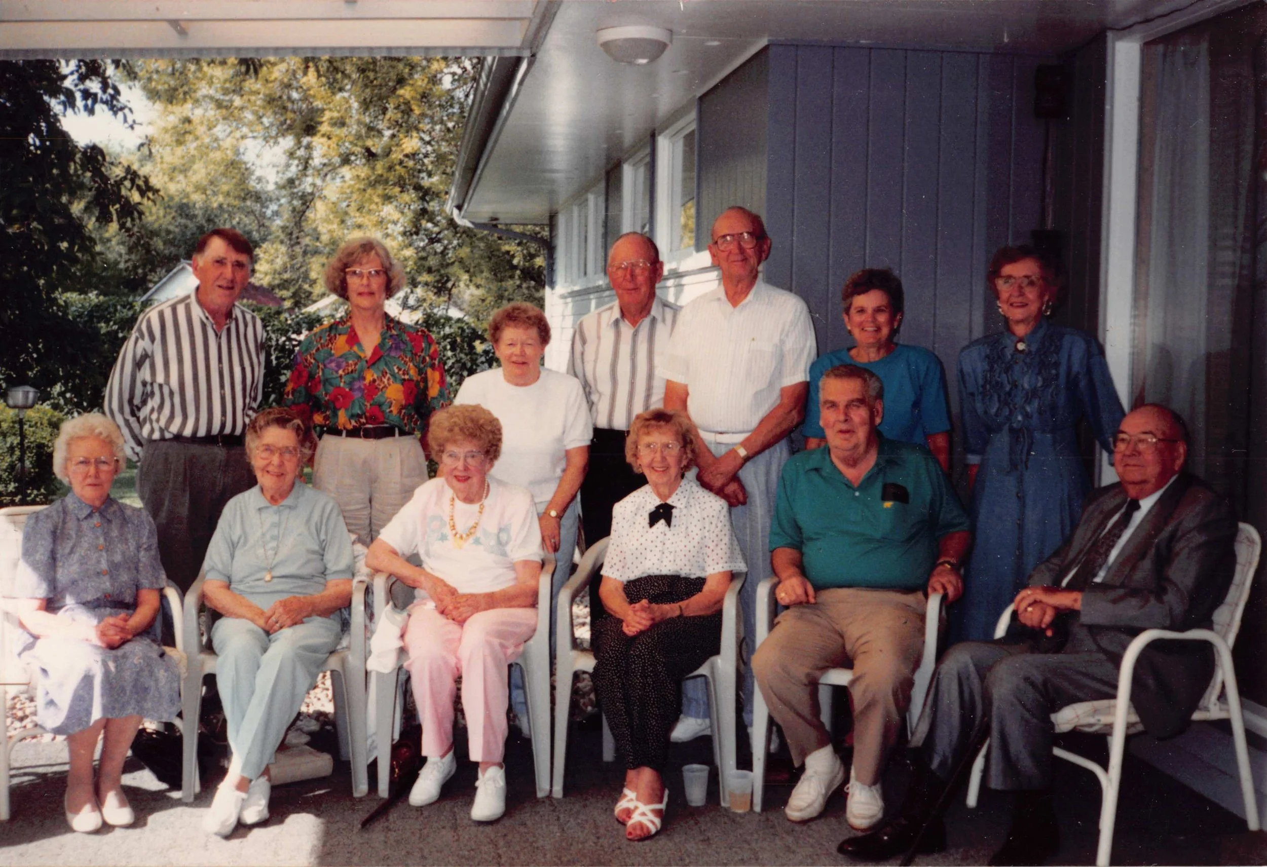 1990s - Front: Christine Hall, Mae Meier, Emma Johnson, Rose Bolstad, Jack Page, Bill Hall. Back - John, Beverley, Wanda (Nelson), Edward, Bjorn, Wanda (Samson) Hall; Pauline Page.