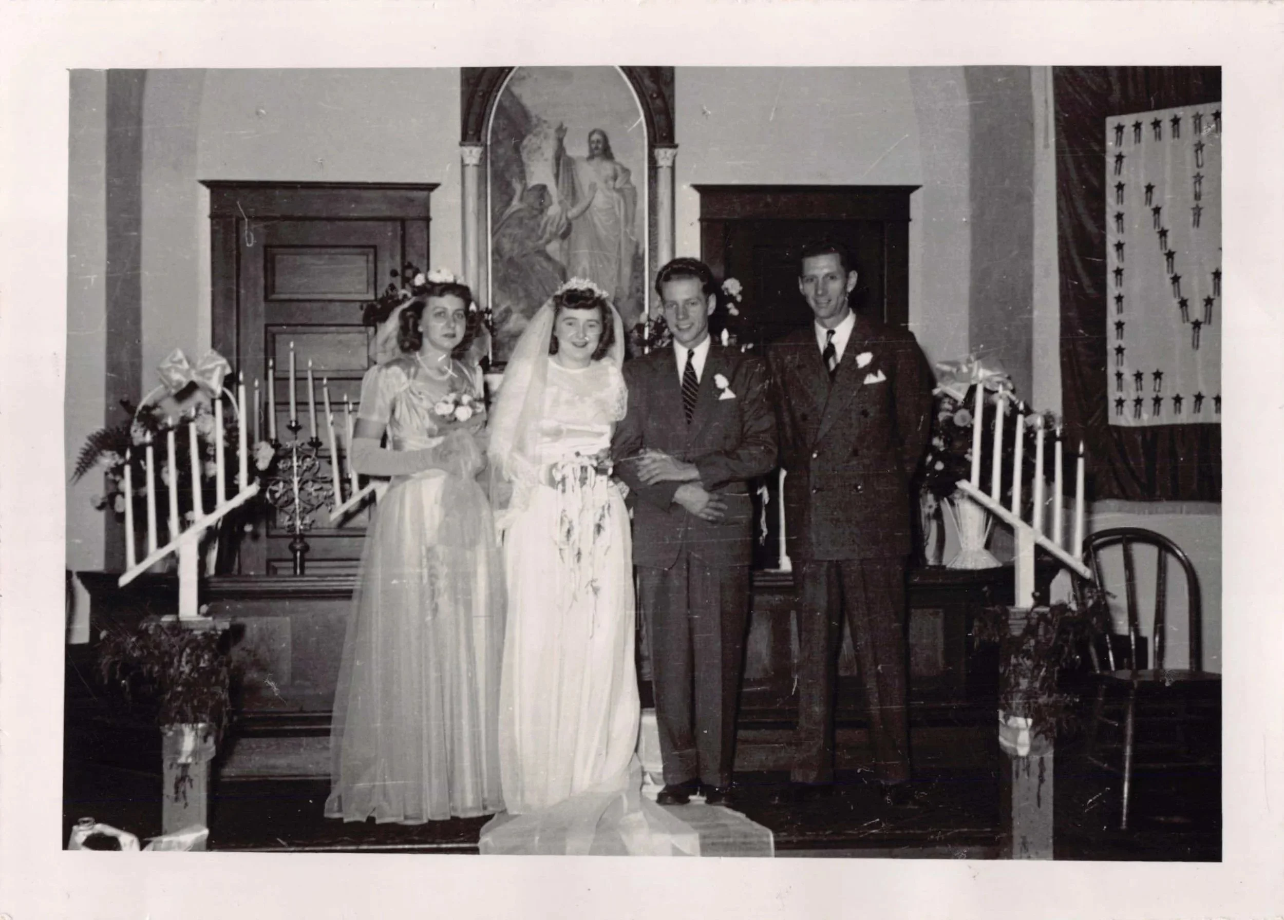 1947 - Steve & Lillian Helgason's wedding with Pauline Page & [unknown best man].