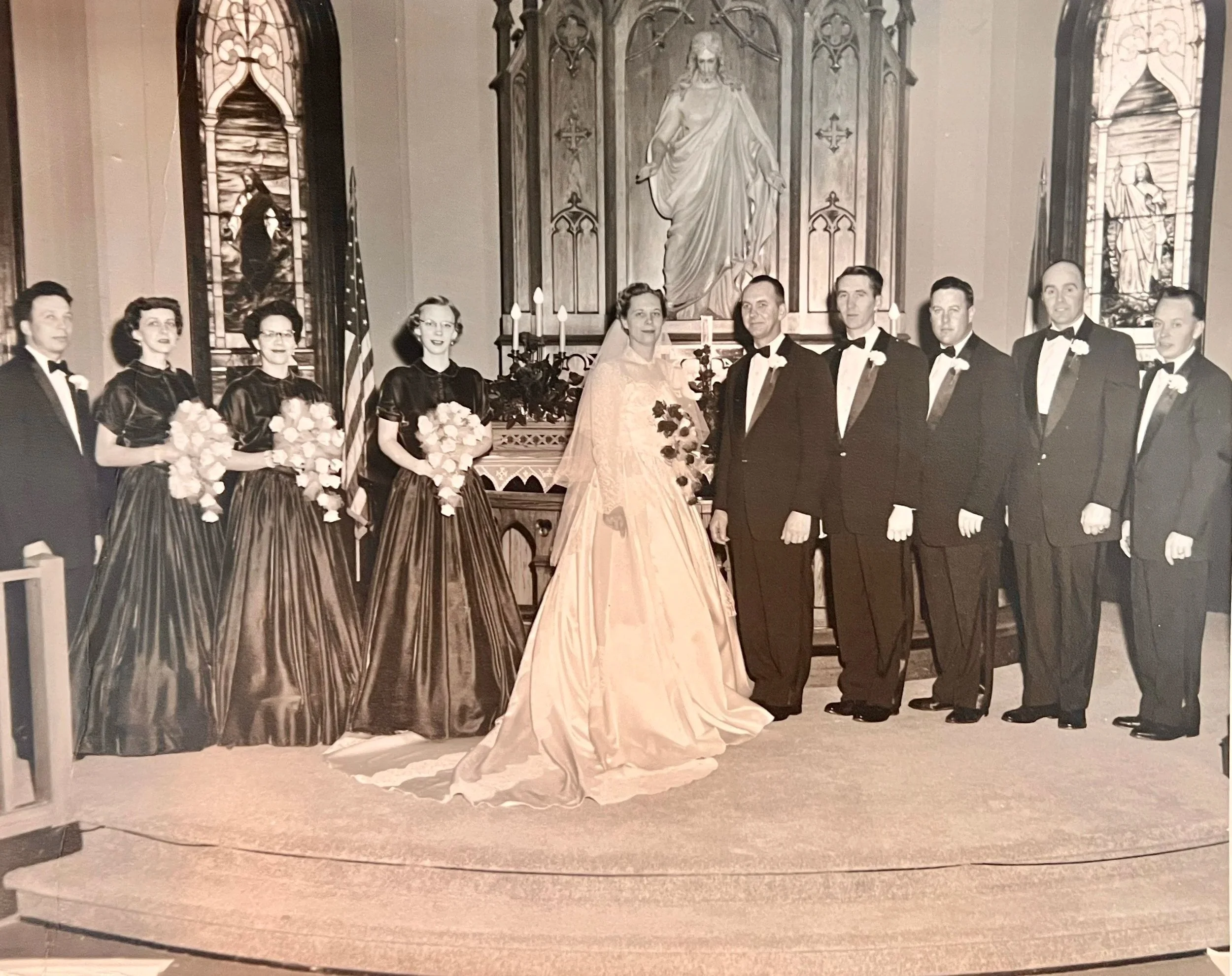 1955 - Bill & Bernice Hall's wedding. [Unknown], Pauline Hall Page, Merideth Anderson, Doris Jean Thompson Knauss, Bernice Thompson Hall, Bill Hall, John Hall, [unknown], Sigurd Isfeld, Alvin Melstad.