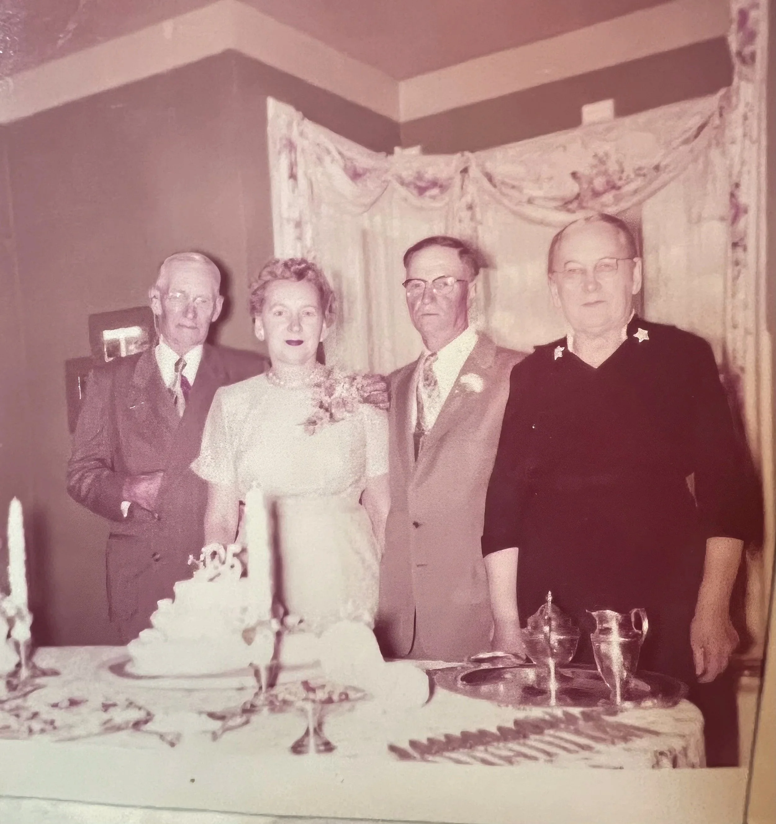 1956 - J.G. Hall, Emma & John Johnson, Hosa Hall at Emma & John's 25th anniversary party. (Last photo of Hosa before she passed away 2 months later.)