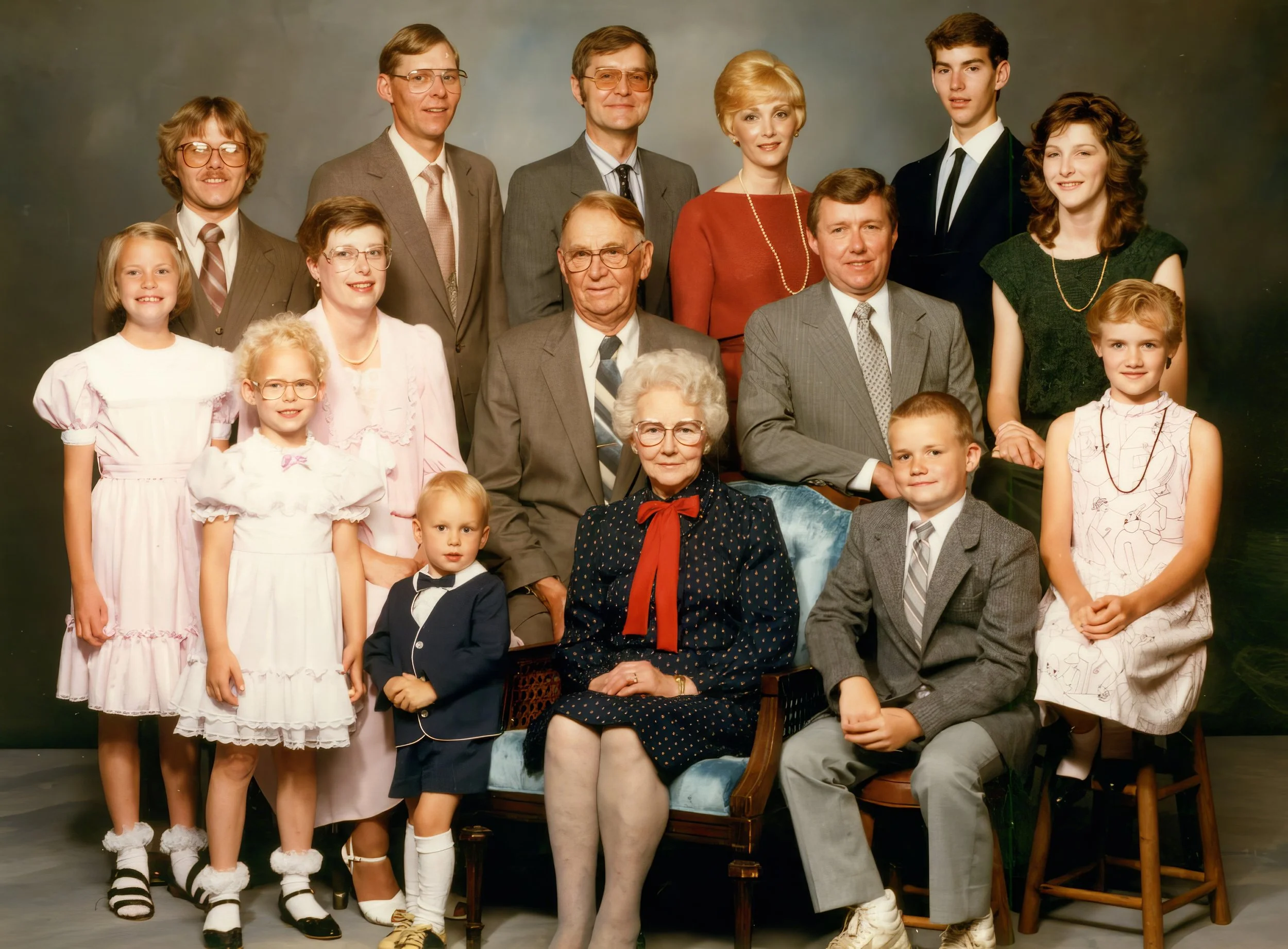 1980 - Front: Laura, Kevin, Christine, Brandon, & Jolene Hall. MIddle: Julie, Marilyn, Joe, & Alfred Hall. Back: Jay, Warren, Walter, Judy, Todd, & Lisa Hall.