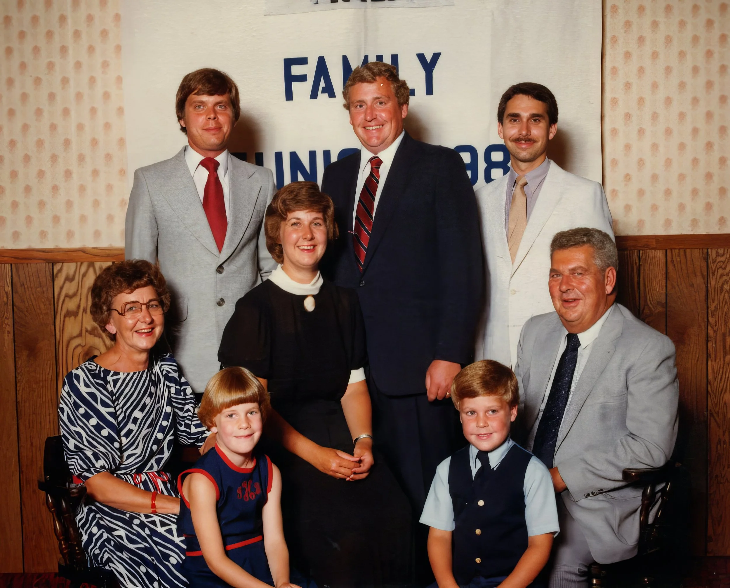 1982 - Family reunion - Front: Pauline Page, Janna & JD Hillman, Jack Page. Back: Jon Page, Jacqui & Dave Hillman, Randy Page.