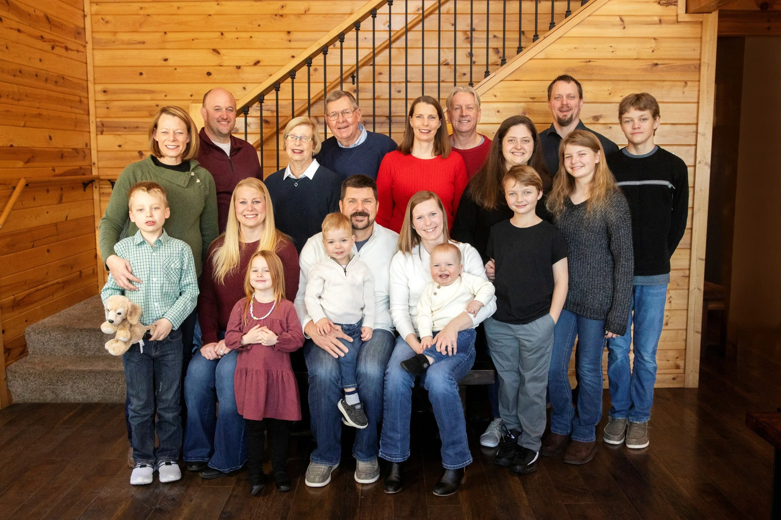 2025 - Front: Axel Lovas, Alicia Harstad, Violet Harstad, Ivan Reiger, Jon Rieger, Laura Hall, Barrett Rieger, Jonah Hall. Back: Sarah HallGanje, Brian Harstad, Marilyn Hall, Warren Hall, Julie Hall-den Boer, Eric den Boer, Kevin Hall, Margret Hall, 