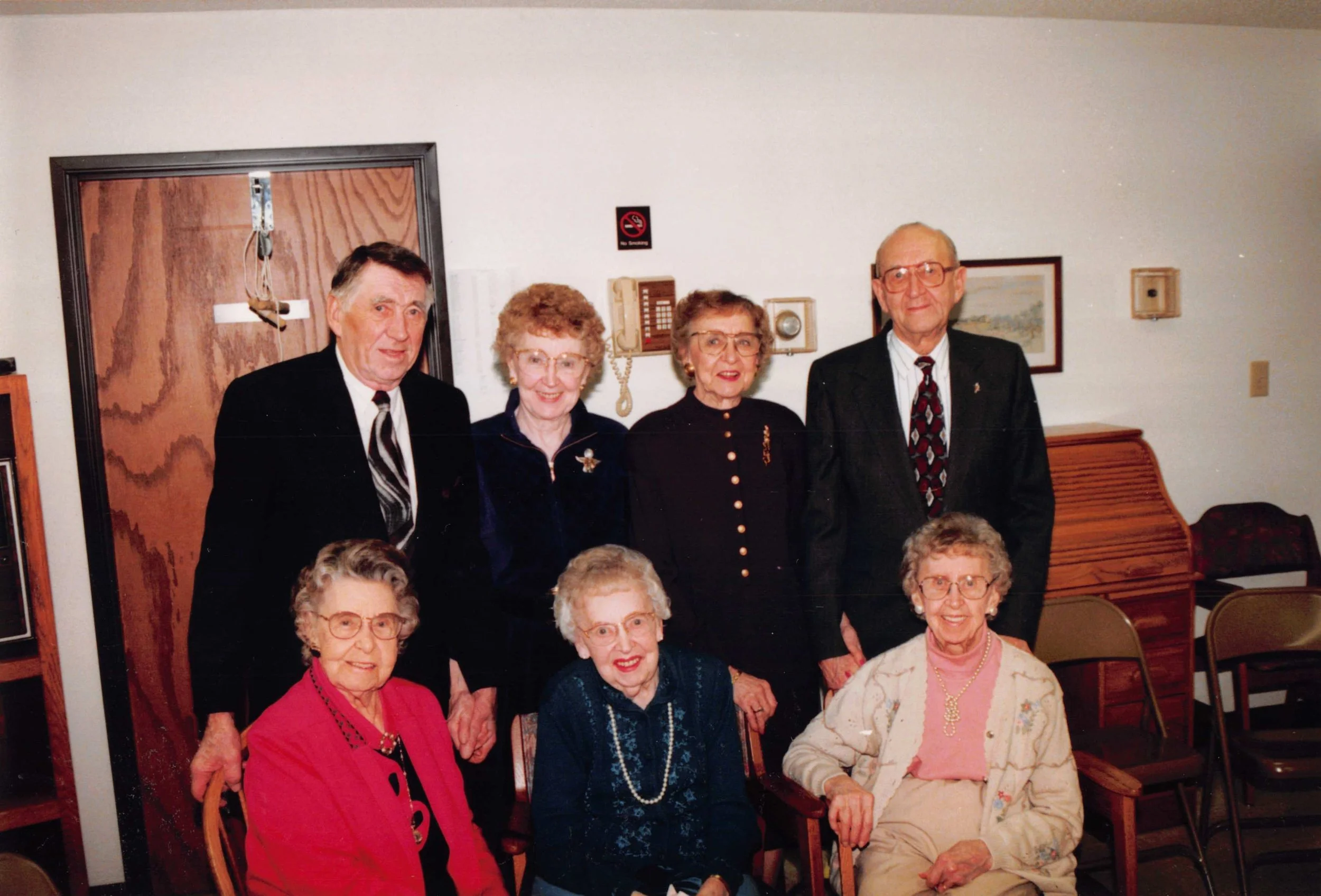 1998 - Siblings at Emma's 90th birthday party - Front: Mae Meier, Emma Johnson, Rose Bolstad. Back: John Hall, Lillian Myrdal, Pauline Page, Bjorn Hall.