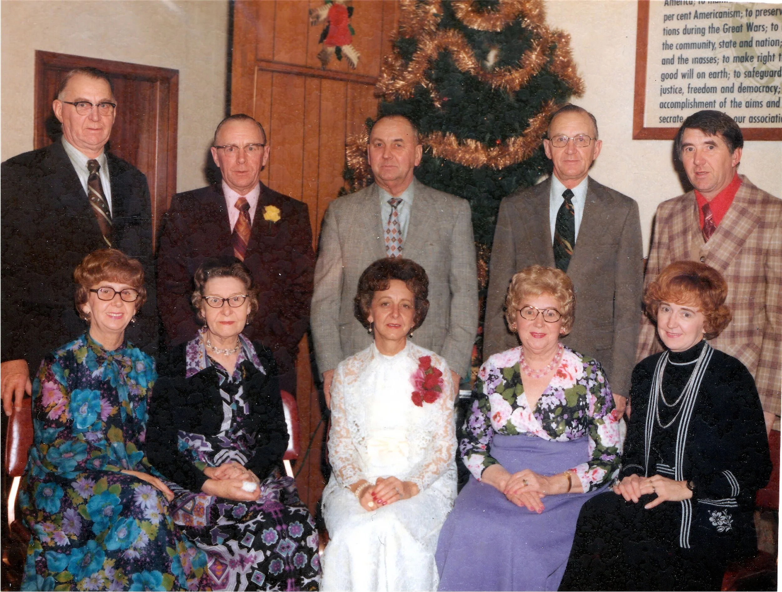 1974 - Hall siblings - 25th anniversary party - Front: Rose Bolstad, Mae Meier, Pauline Page, Emma Johnson, Lillian Helgason. Back: Joe, Edward, Bill, Bjorn, & John Hall.