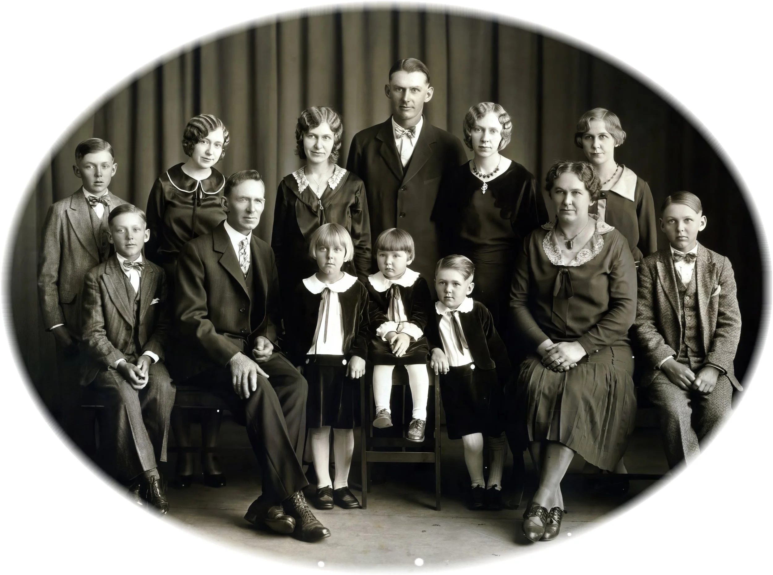 1930 - Hall family portrait - Front: Bjorn, J.G., Pauline, Lillian, John, Hosa, & William Hall.   
Back: Edward, Caroline, Mae, Joe, Emma, & Rose Hall.
