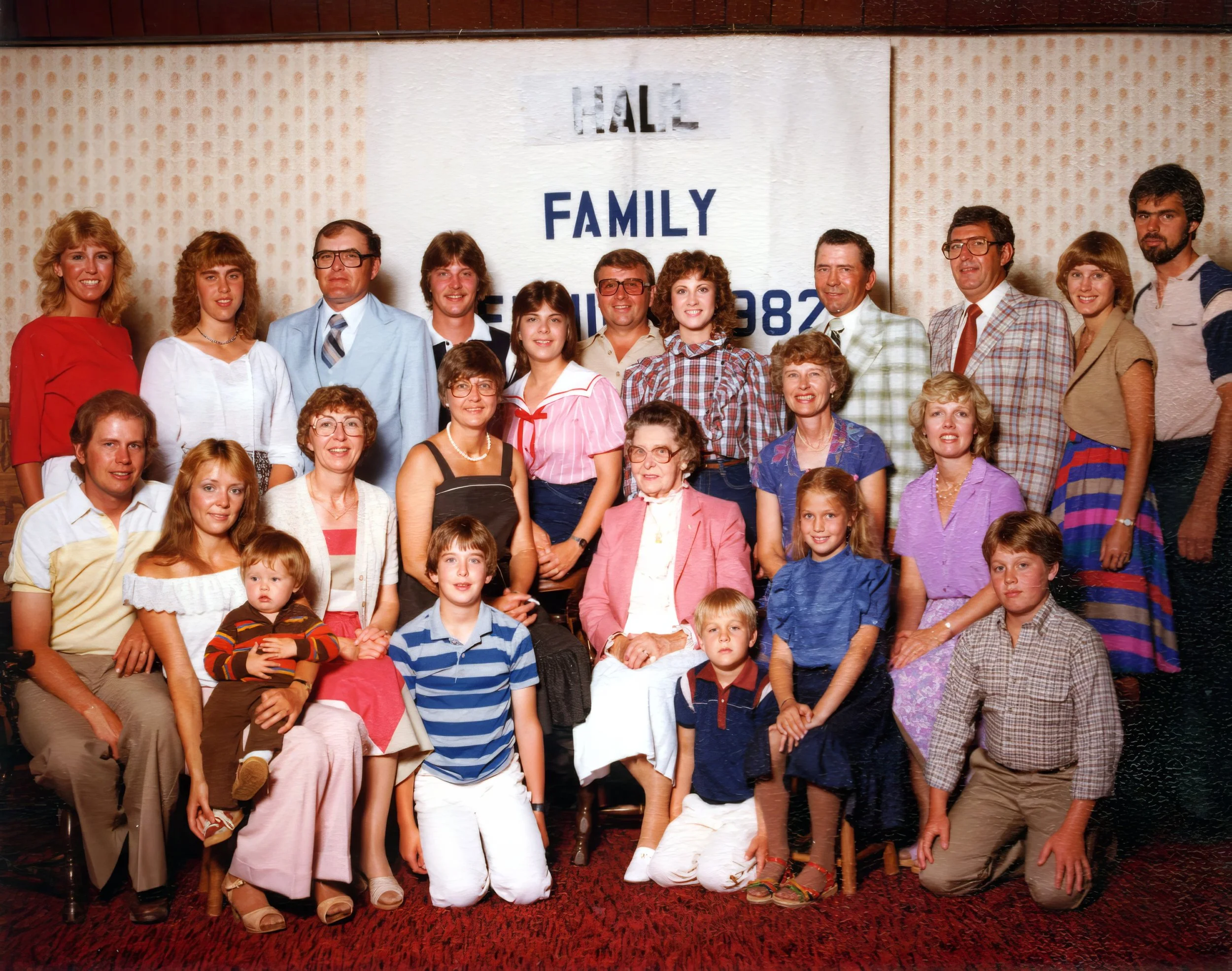 1982 - Family reunion - Front: Jeff, Miriam, & Jamie Boe; Marilyn & Kyle Hegre; Gladys Hammer; Mae, Brook, & Blyth Meier; Dodie Boe, DelRae & Bard Meier. Back: Rondee Boe; MeLea & Don Hegre; Kevin, Kamille, Irvin, & Kristi Hammer; Keith Boe; Marvin M
