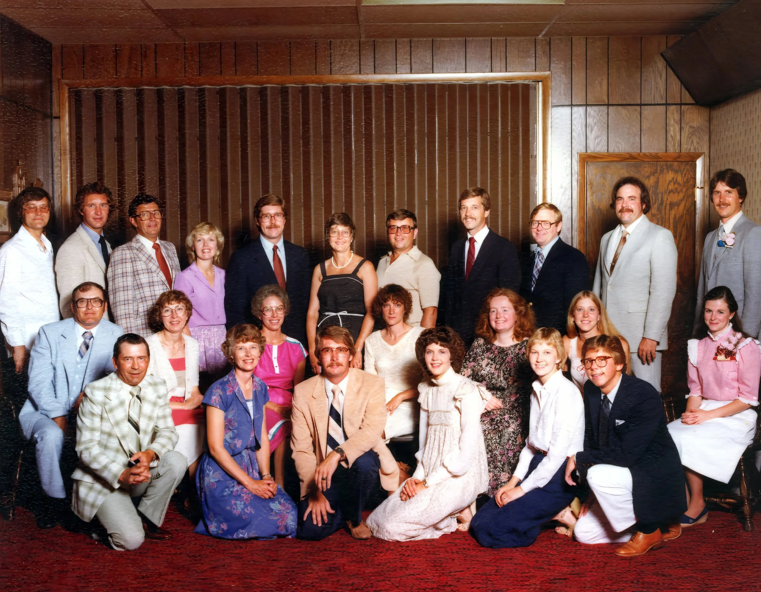 1982 - Family reunion - 1st cousins & spouses group 2 of 2 - Front: Keith & Dodie Boe; Rodger, Connie, & Joann Hall; Steve Swenson. Middle: Don & Marilyn Hegre; [unknown]; Kathy Helgason; Catharine Bolstad; Deb West; Anne Helgason. Back: Walter Hall,