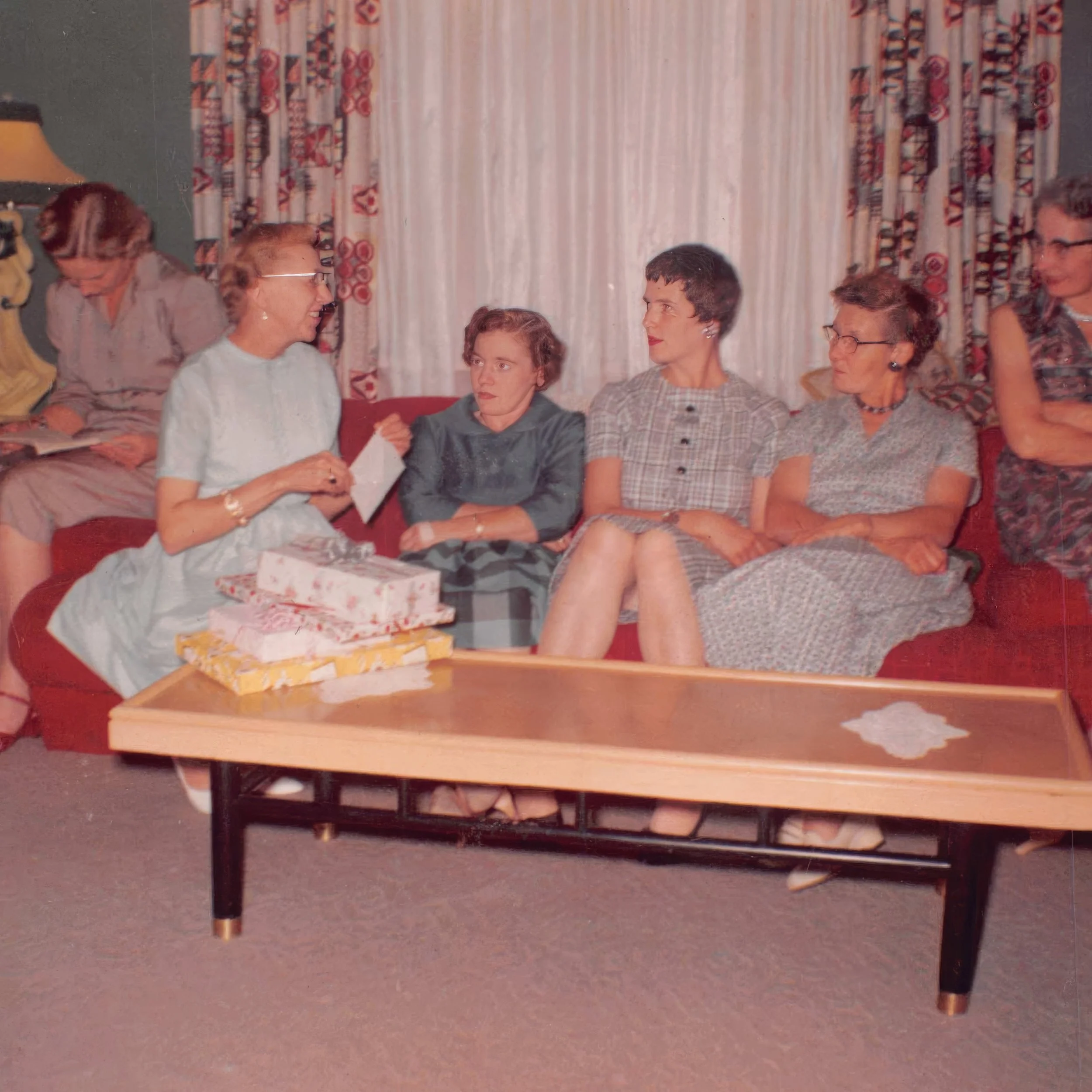 1960 - Caroline's birthday party - Caroline Johnson, Wanda (Nelson) Hall,  Beverley Hall, Mae Meier, [unknown].