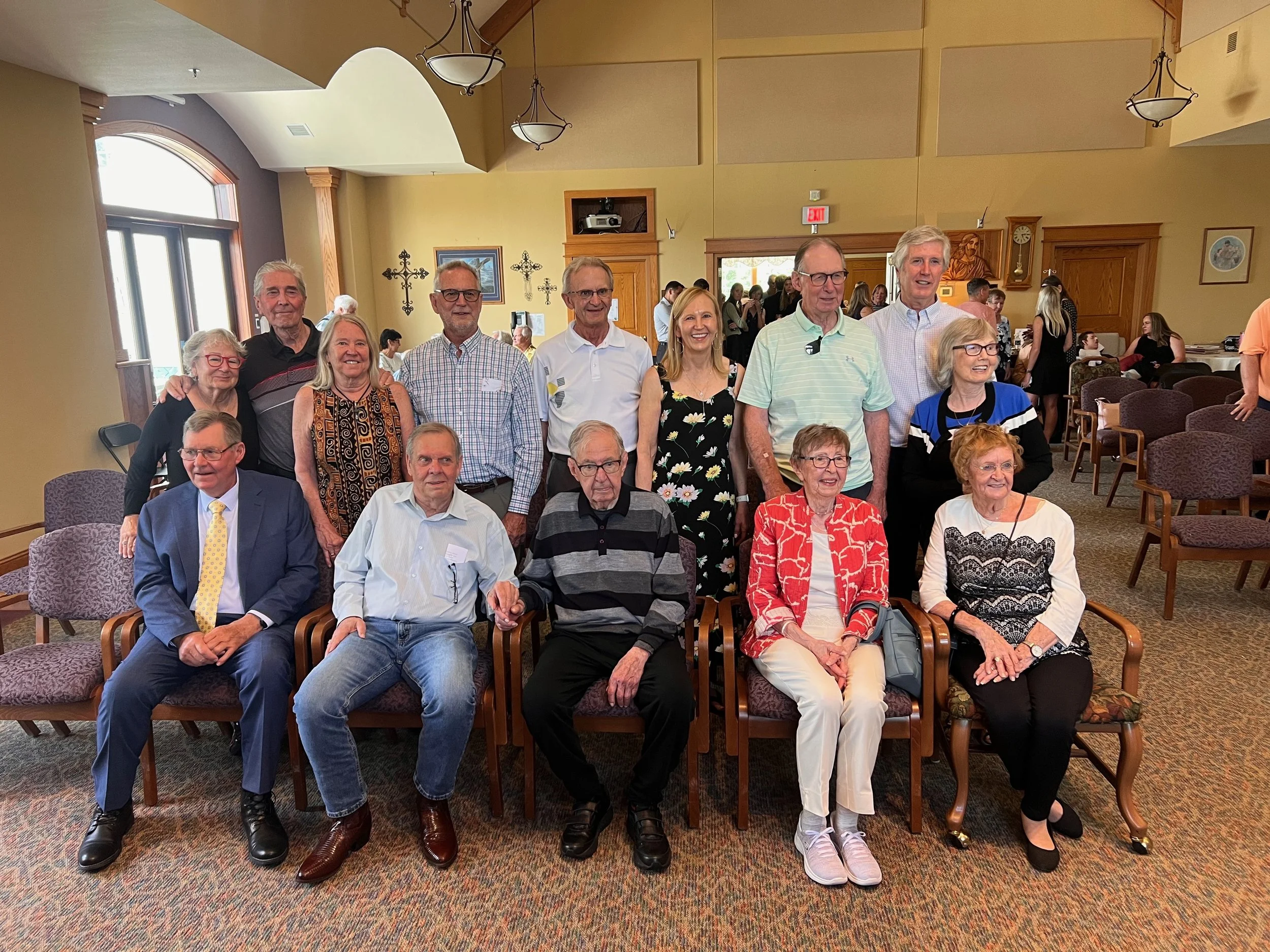 2025 - 1st cousins at Lillian Helgason Myrdal's memorial service - Front: Warren Hall, Jon Page, Marvin Meier, Marilyn Hegre, JoeAnn Geiger. Back: Laurie Larson, Stuart Helgason, Deb West, Harvey Helgason, Nick Hall, Joann Hall Swenson, John Johnson,