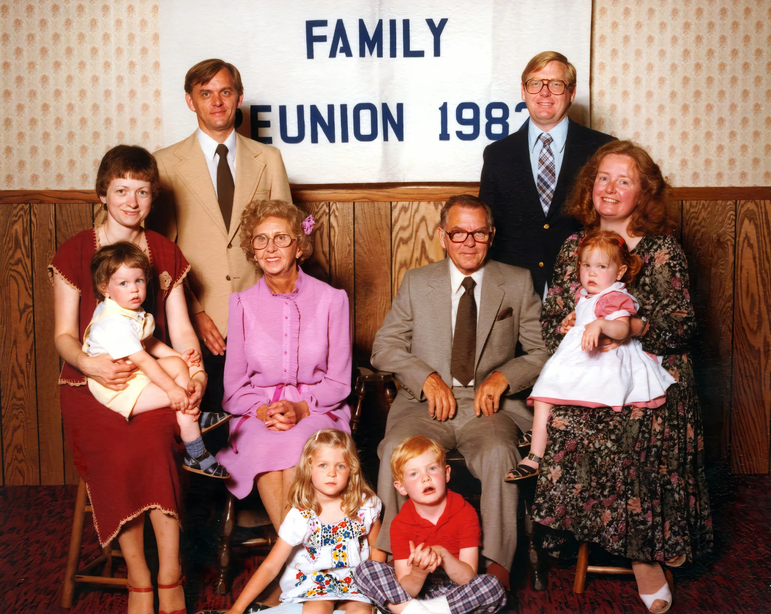 1982 - Family reunion - Front: Erika & Justin Bolstad; Back - Joel, Janis, Monty, Rose, Oliver, Orin, Catherine, & Leah Bolstad.