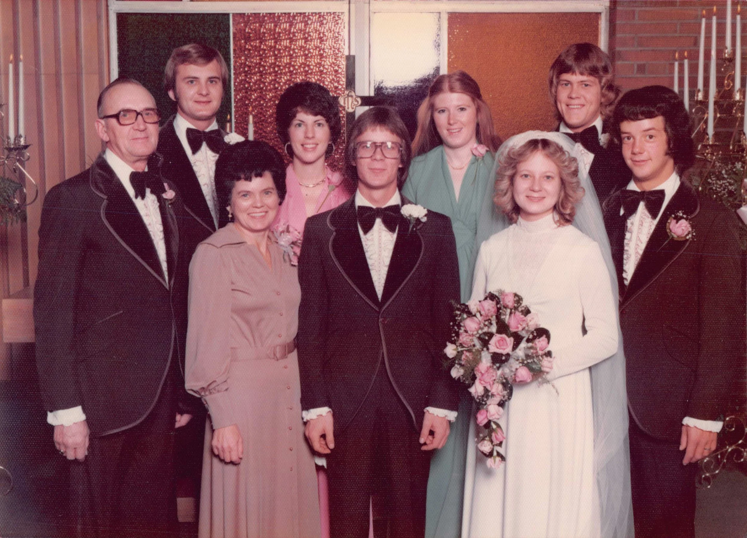 1975 - At Bob & Laurie's wedding - Front: Wanda (Samson) Hall, Doug Hall, & Laurie & Bob Larson. Back - Bjorn, Nick, Mary, Ruth & Tom Hall.