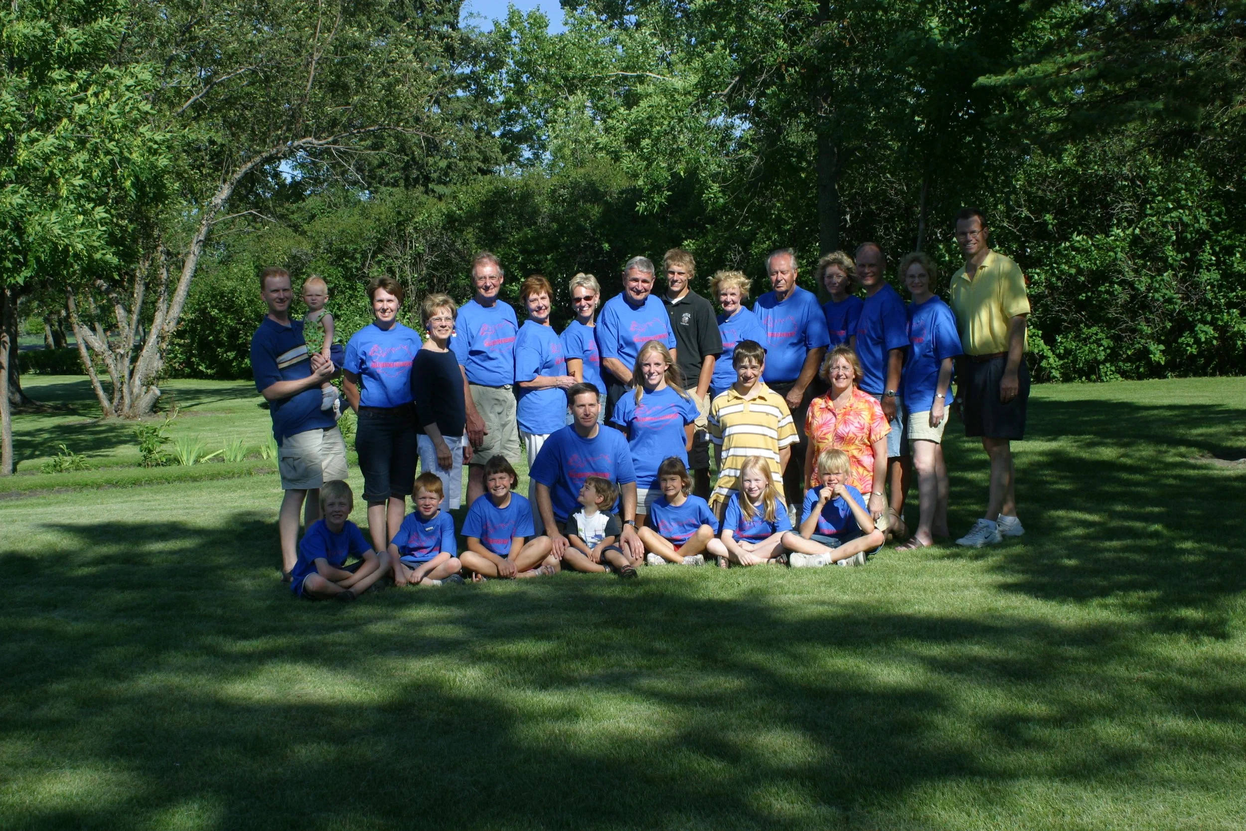 2007 - Hall Family Reunion - Front: Luke & Jared Hanson; Celia, Ethan, & Amanda Frattarelli; Leah & Grant Eggan. Middle: Rich Frattarelli; Andrea, Dane & Louise Jensen. Back: Steve, Emma & Suzanne Hanson; Kathie & John Johnson; Pauline Sherry; Bethan