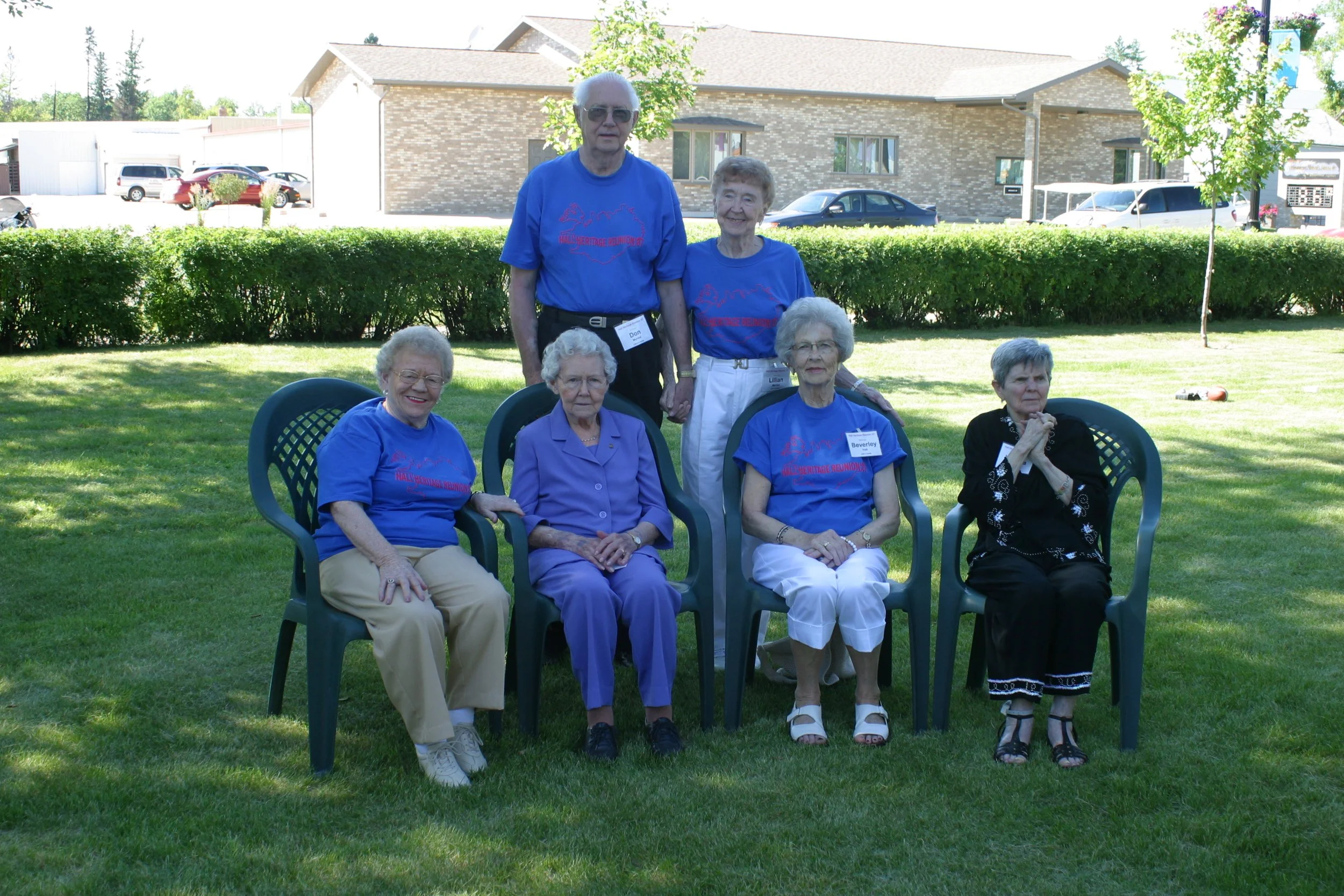 2007 - Hall Family Reunion - siblings & siblings-in-laws - Front: Wanda (Nelson) Hall, Christine Hall, Beverley Hall, Wanda (Samson) Hall. Back: Don & Lillian Myrdal.