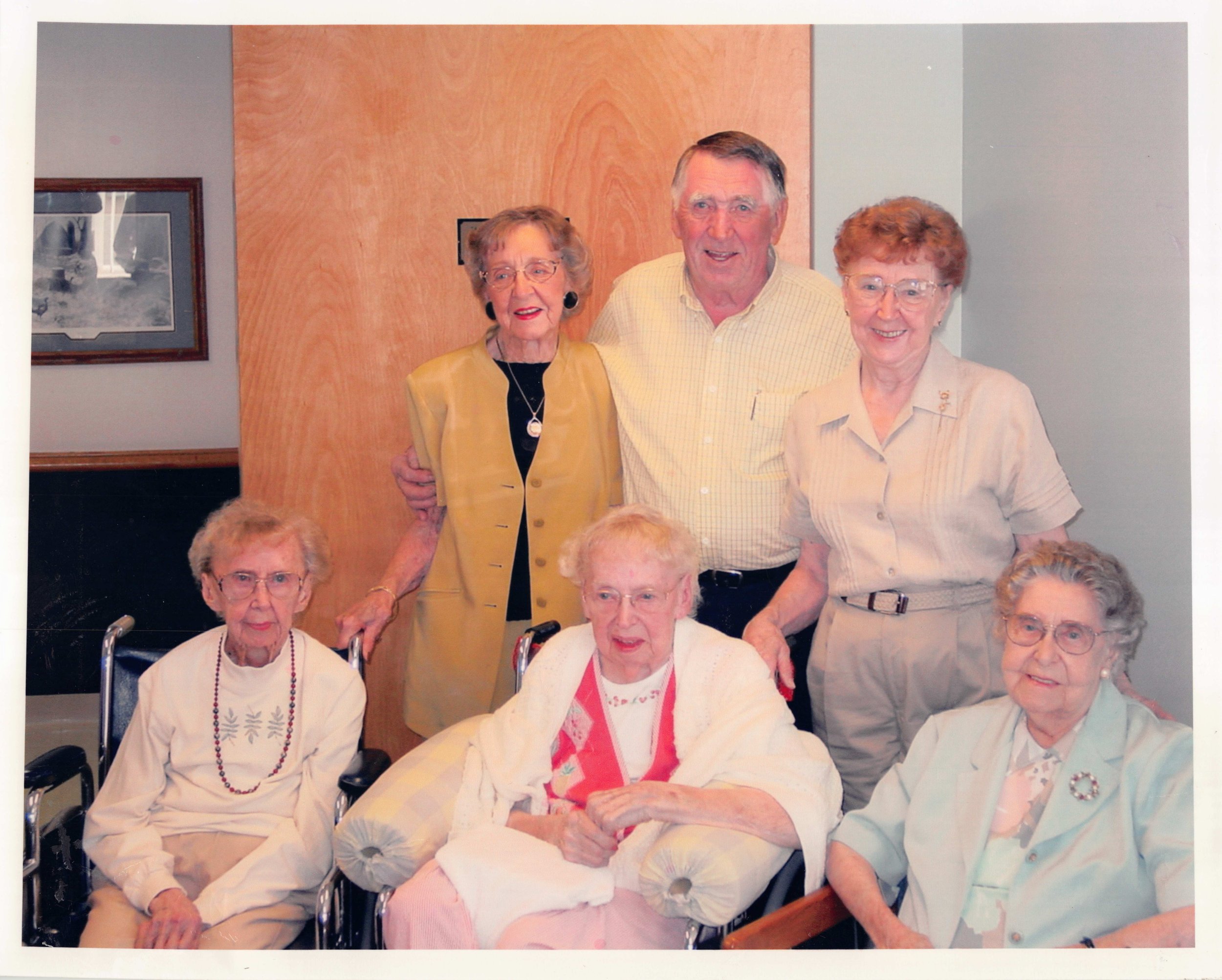 2002 - Front: Rose Bolstad, Emma Johnson, Mae Meier. Back: Pauline Page, John Hall, Lillian Myrdal.