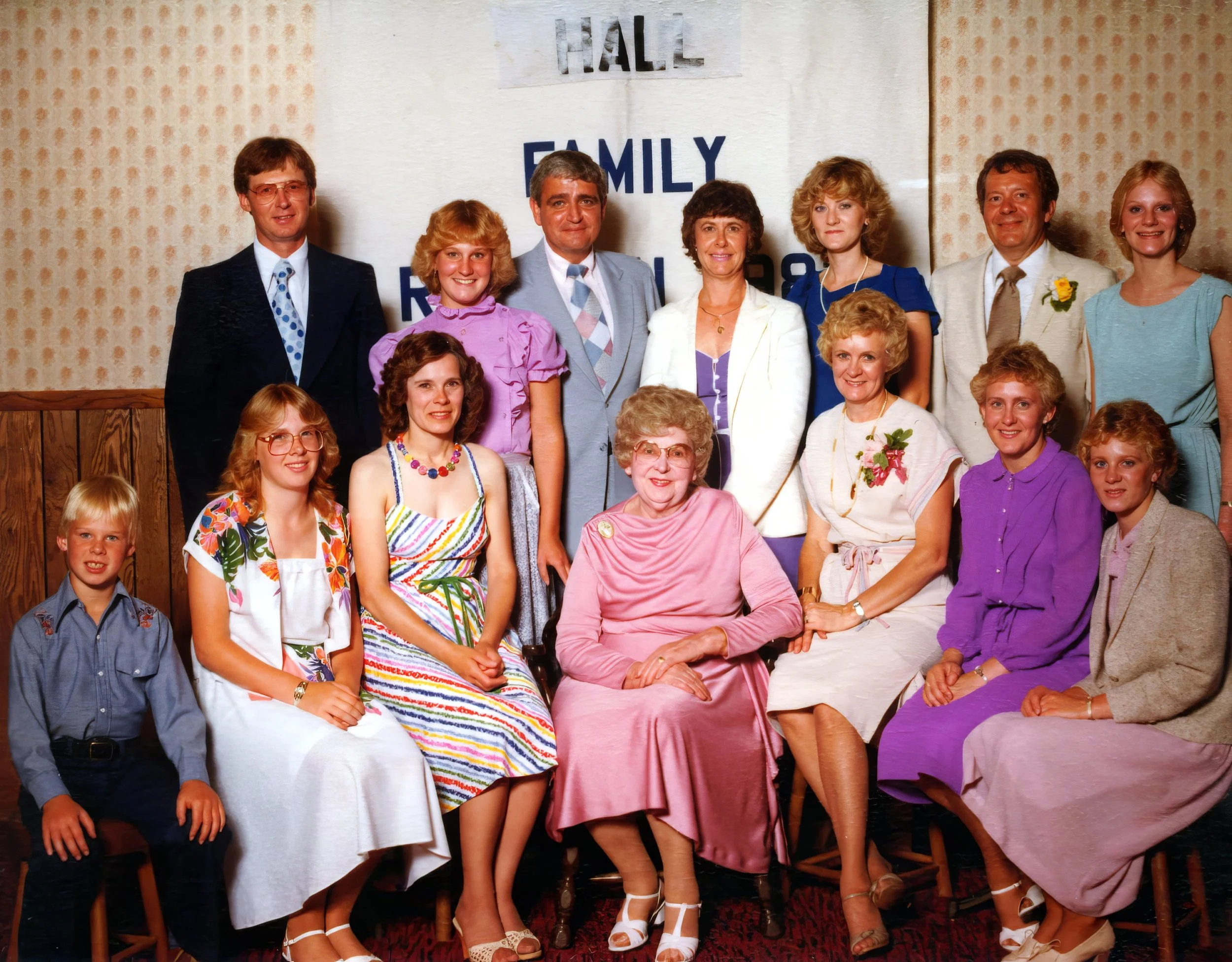 1982 - Family reunion - Front: Chris, Suzanne, Kathie, & Emma Johnson; JoeAnn, Louise, & Laura Geiger. Back: John Johnson; Bethann, Bud, & Pauline Sherry; Linnea, Harley, & Leslie Geiger.