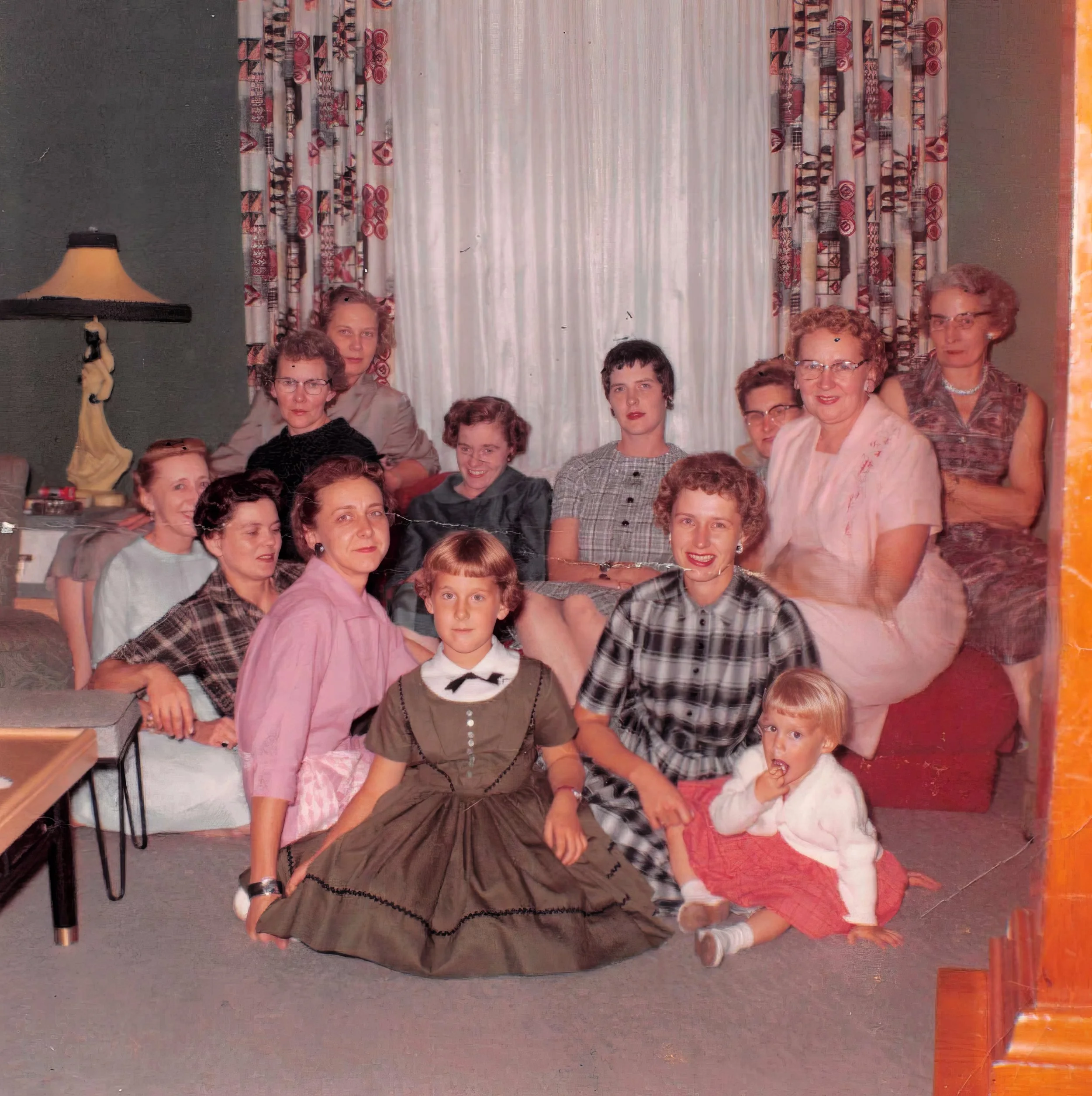 1960 - Caroline's birthday party - Front: Caroline Johnson, Wanda (Samson) Hall, Pauline & Jacqui Page, Dodie & Daidre Boe. Back - Christine Hall, Bernice Hall, Wanda (Nelson) Hall, Beverley Hall, Mae Meier, Emma Johnson, [unknown].
