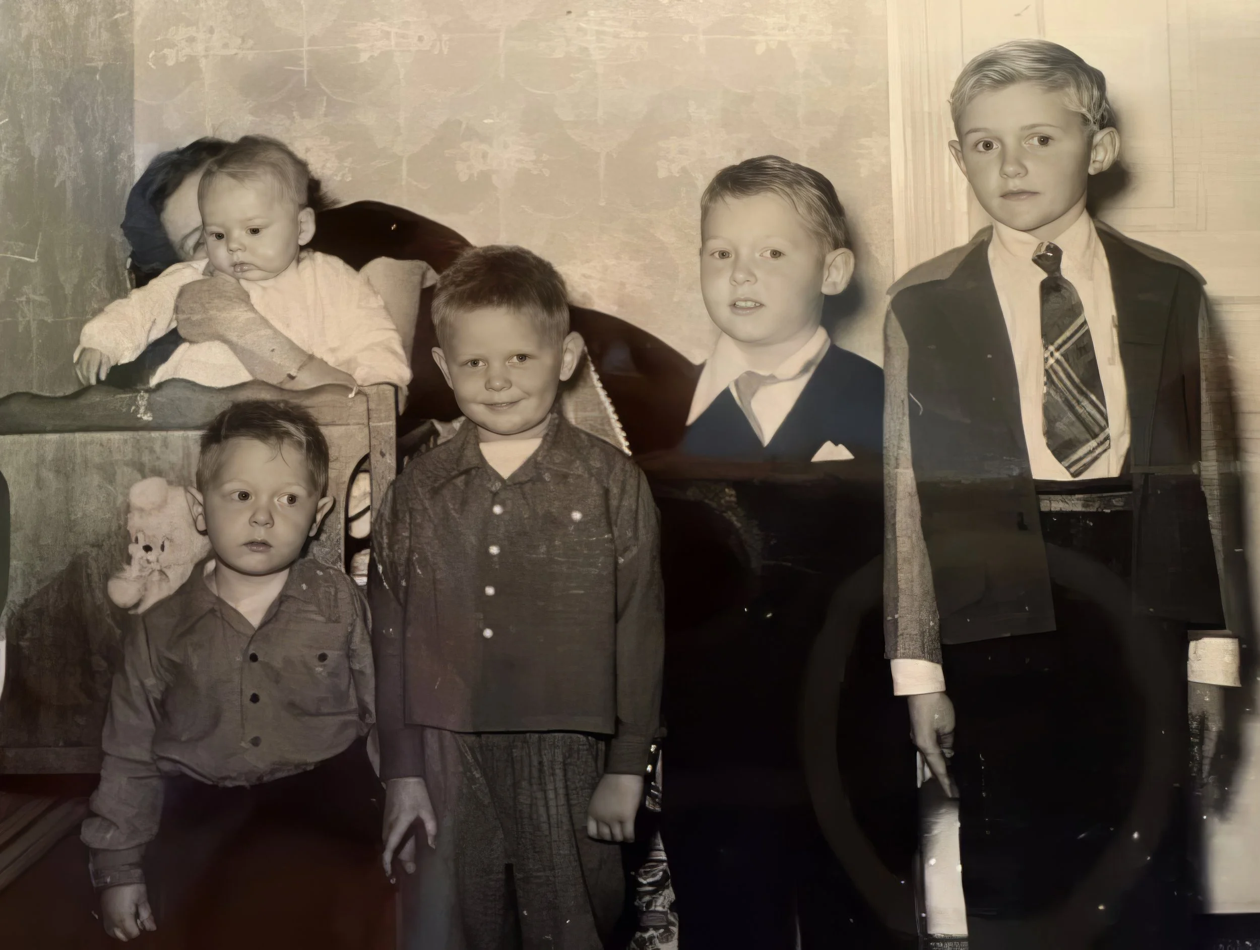1948 - Nick's baptism celebration - Front: Orin Bolstad, Monty Bolstad, John Johnson, & Alfred Hall. Back: Wanda (Samson) Hall & Nick Hall.